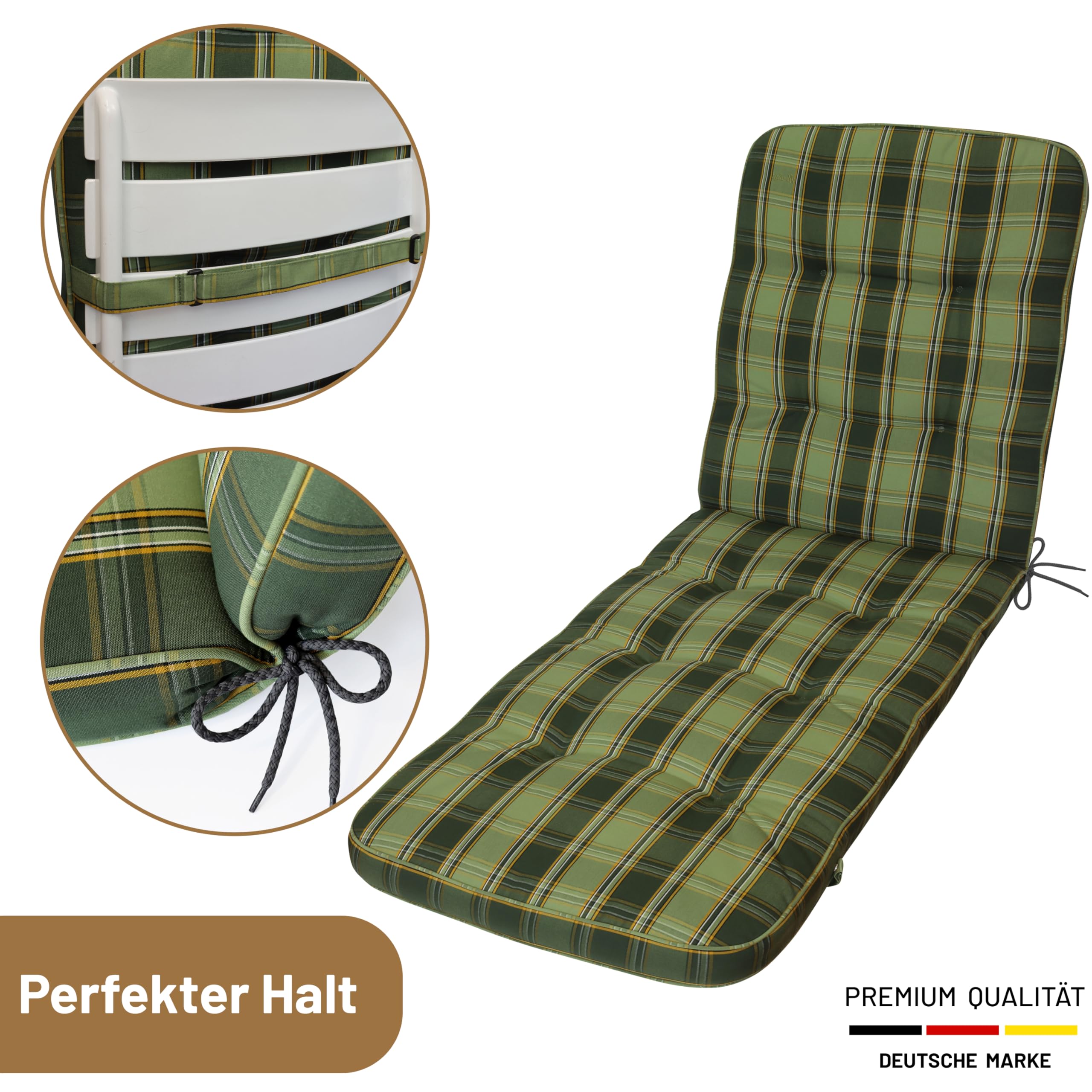 Herlag Liegenauflage Tilly 200x65x9cm - Liegestuhl-Auflage Karo-Motiv 9cm - Liegepolster für Gartenliege - Gartenmöbelauflage Liege Deluxe-Serie - Atmungsaktiv - Öko Tex 100 - Grün-Kariert