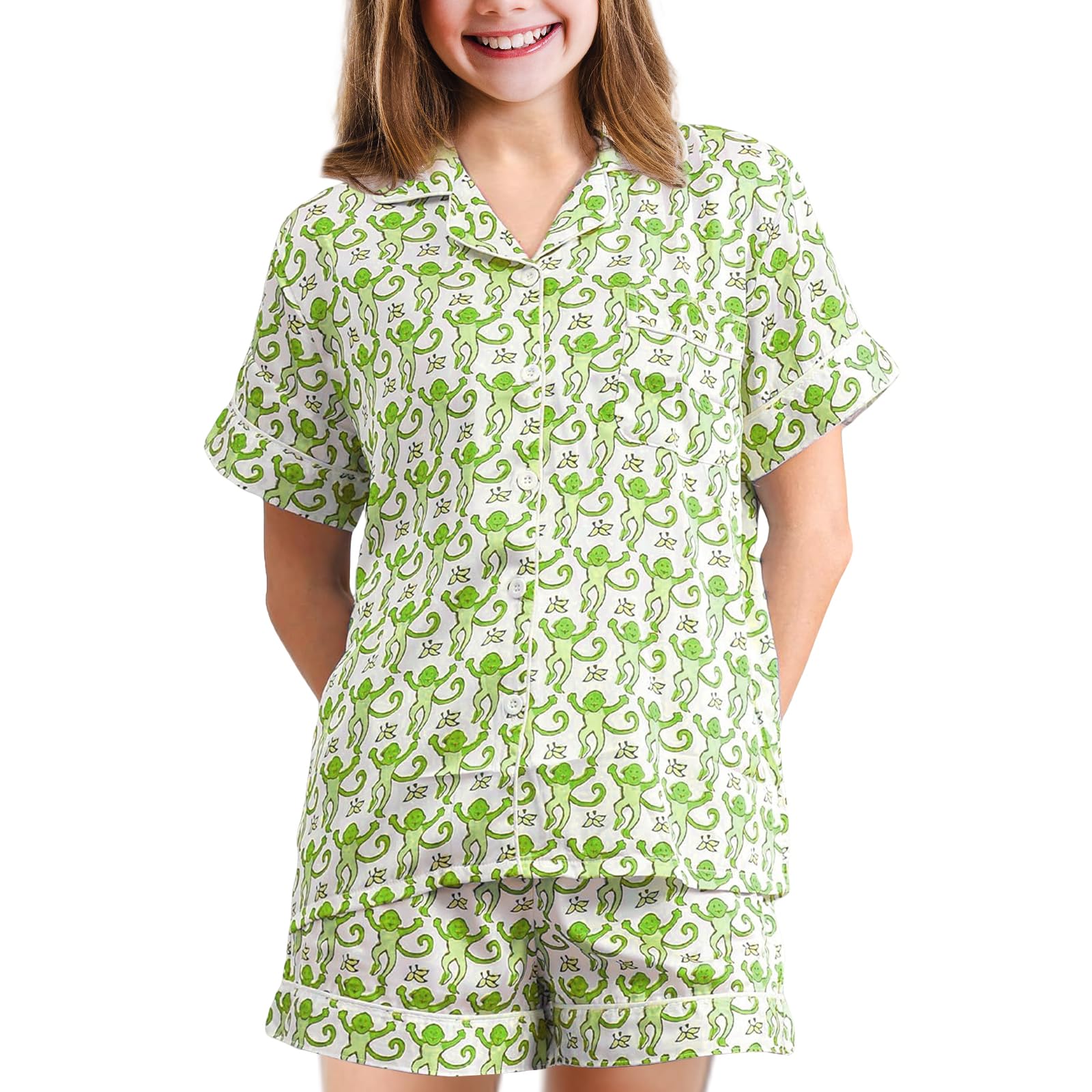 Monkey Pajamas Pjs Shorts Sets,Kids 2 Piece Button Down Monkey Beach Shorts Set,Cute Animals Print Floral Nightwear