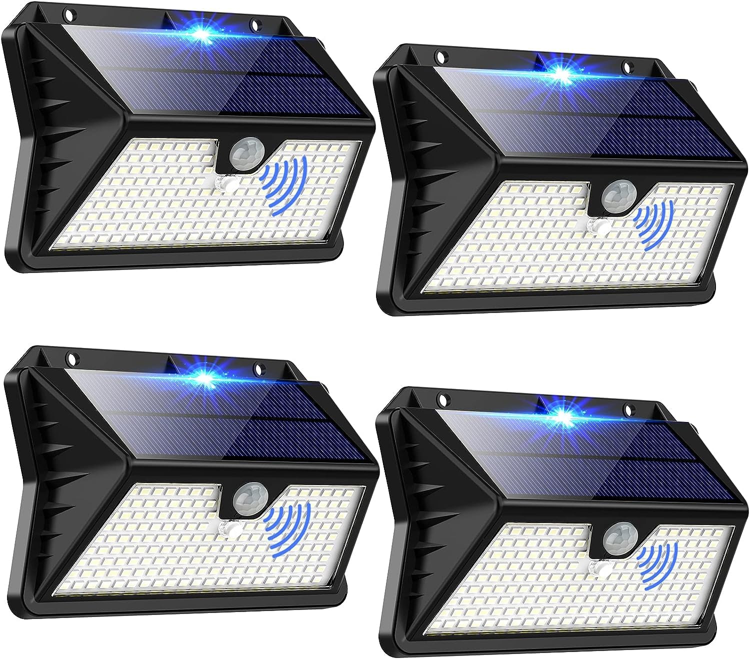 Faro LED Esterno con Pannello Solare, 4 Pezzi 185 LED 3 Modos Luce Solare LED Esterno con Sensore di Movimento, Lampada Solare da Esterno, IP65 Impermeabile LED Lampione per Giardino(Bianco Freddo)