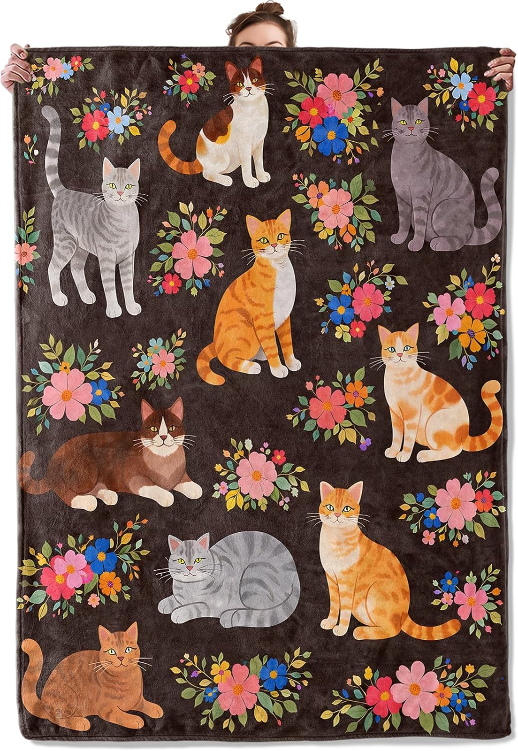Cat Floral Flannel Throw Blanket Colorful Flower and Kitten Decor for Pet Lovers Cozy Lightweight Vintage Folk Art Fleece Blankets Bedroom Couch Dorm Camping Travel Gifts, 50x60inch