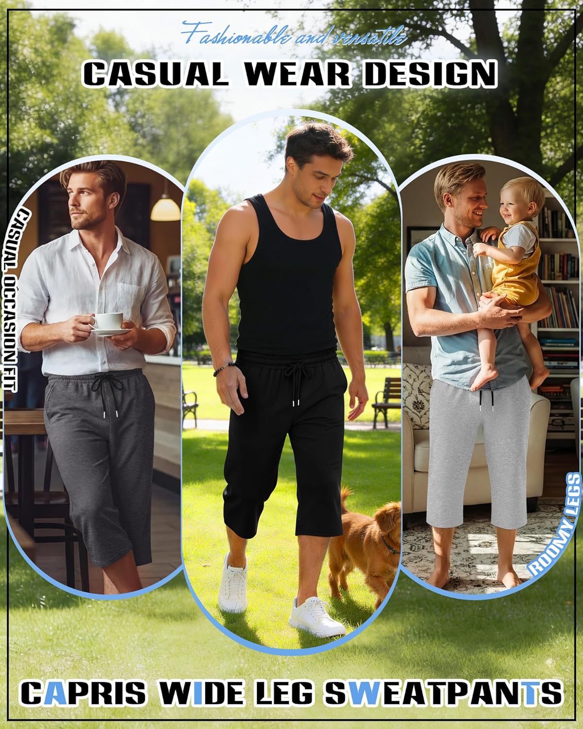 Neer 3 Pack Men's Baggy Capri Pants Plus Size Below Knee Casual 3/4 Shorts Big and Tall Summer Drawstring Pants with Pockets - Image 3