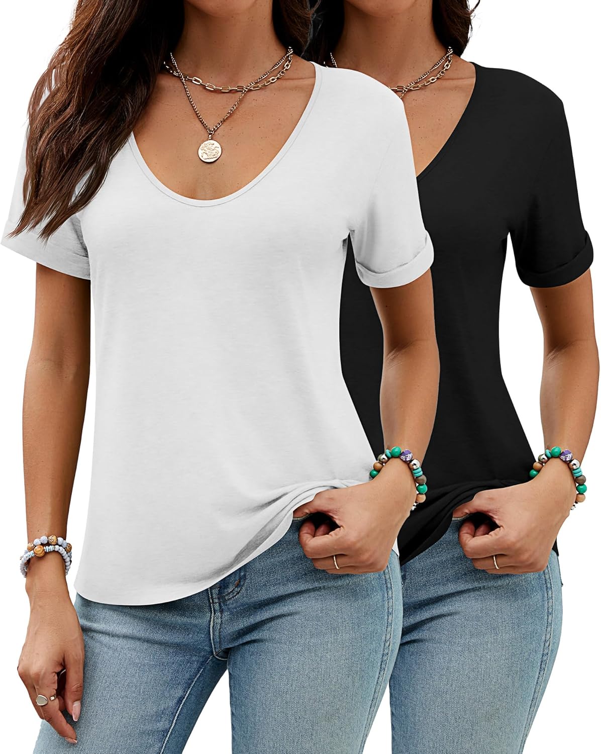 Riyiper 2 Pcs Women's Tops, Deep V Neck Short Sleeve Tops Casual Solid Loose T Shirt Summer Tees for Women - Image 2