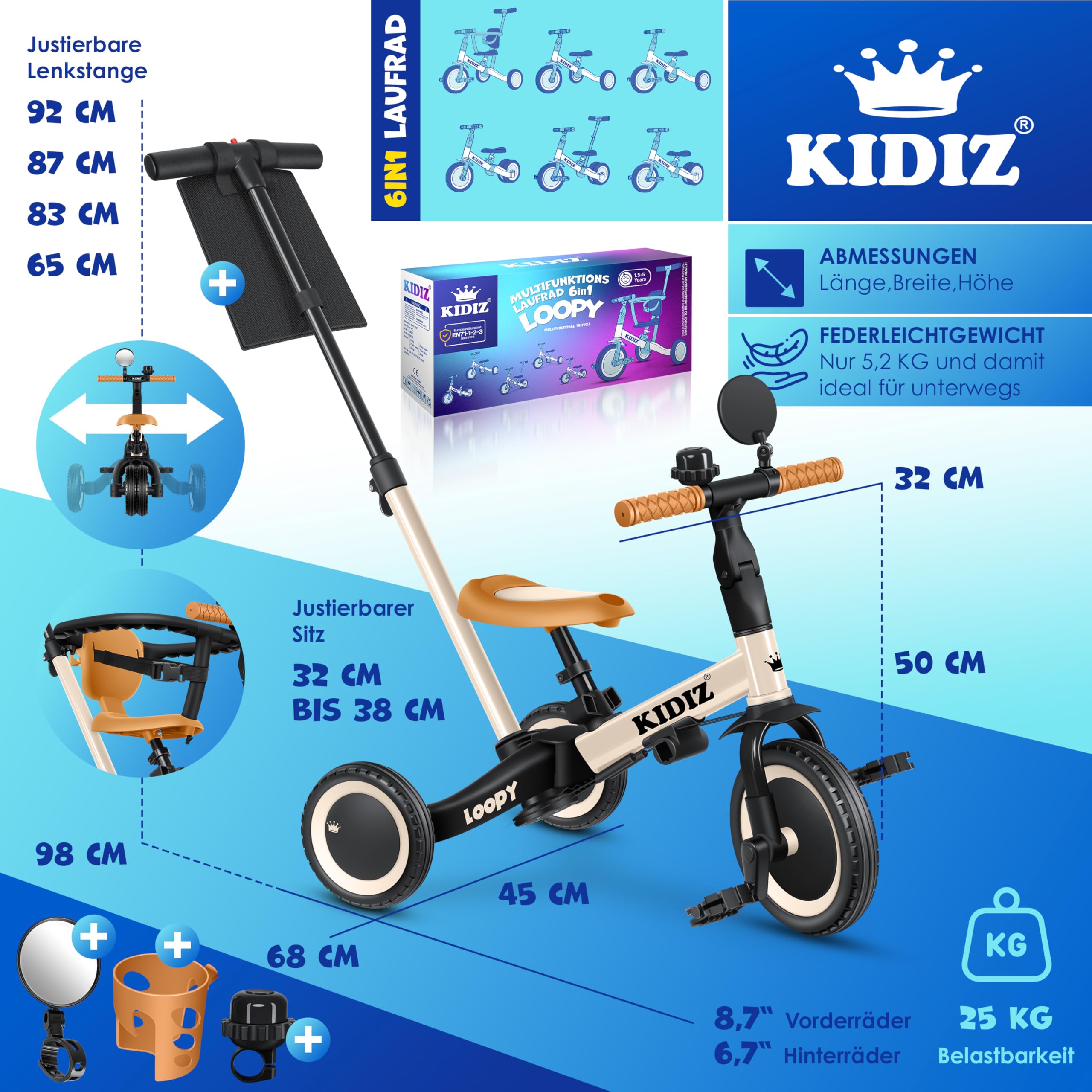 KIDIZ® 6in1 Laufrad Dreirad | Laufräder Lauffahrrad Kinderdreirad ab 1 Jahr bis 5 Jahre | Lauflernhilfe belastbar bis 25Kg | inkl. Lenkstange Sicherheitsbügel Sicherheitsgurt Klingel & Spiegel Beige