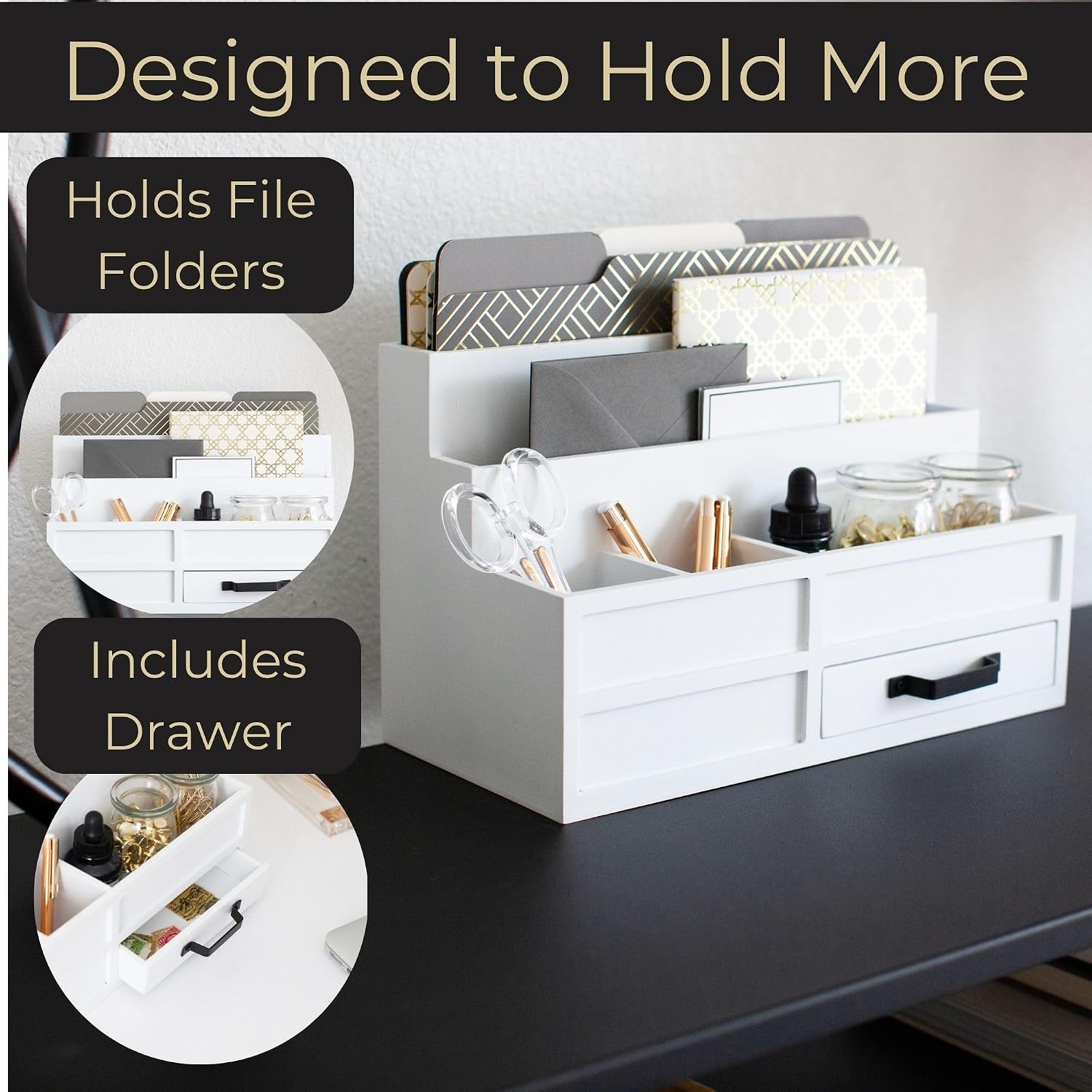 BLU MONACO White Desktop Organizer with Drawer – Paper Wood Bill & Mail Organizer for Office Desk, Countertop & Workspace Storage, view 4