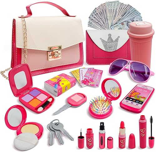Juegos de maquillaje para niñas pequeñas, con cartera, botella, lentes de sol, llaves, tarjeta de crédito, teléfono celular, gran idea de regalo