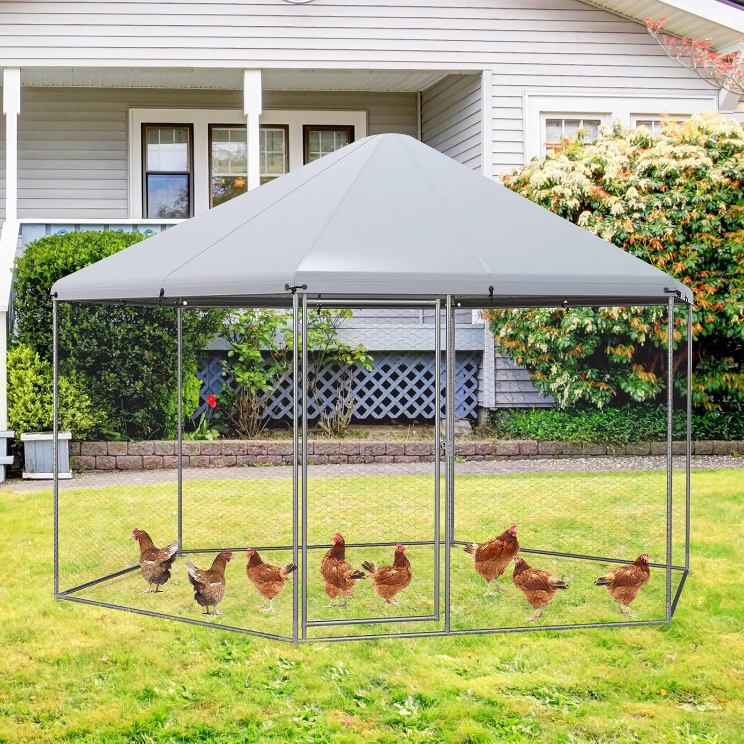 Giantex Large Metal Chicken Run, 13ft Hexagon Walk-in Chicken Coop with Waterproof Cover, Heavy Duty Steel Frame, 12 Stakes, Outdoor Poultry Cage House Chicken Pen Hen Duck Habitat for Farm Yard