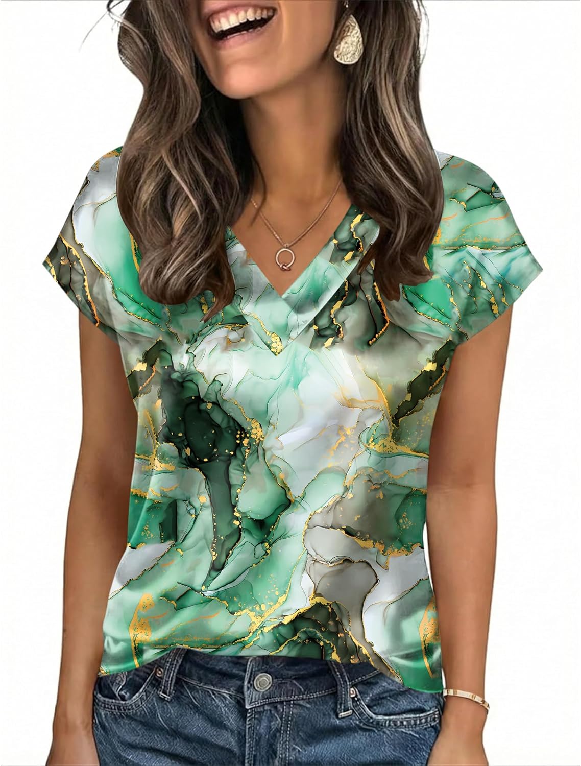 LOMON Women Silk Satin Tops Cap Short Sleeve Blouse V Neck Shirts Business Casual Outfits