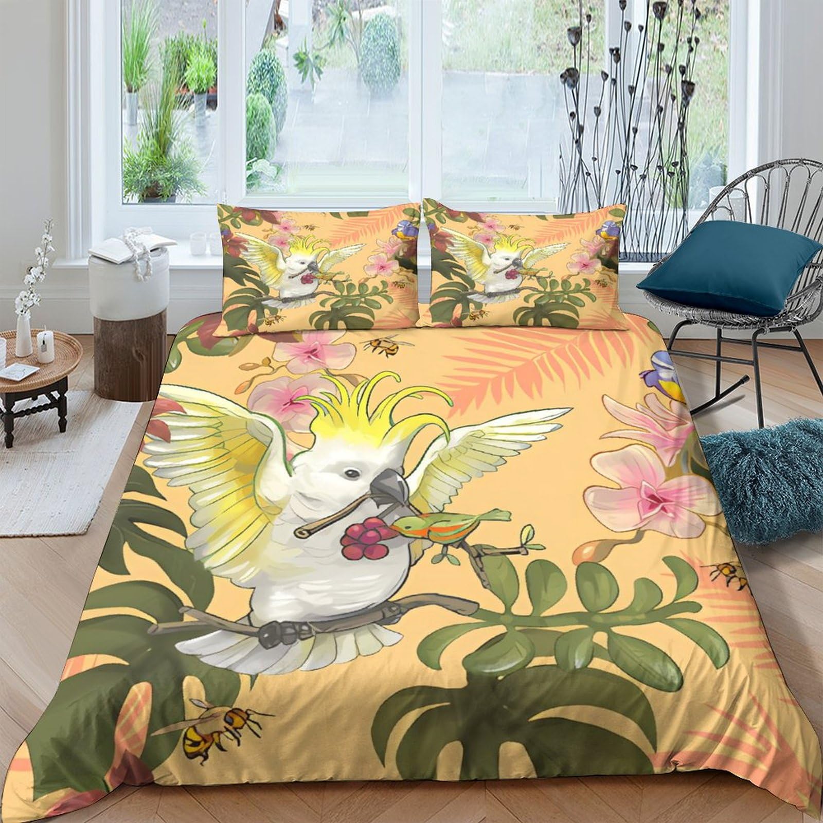 Housse de couette perroquet 3D fleurs 200x200 cm en microfibre avec taies d'oreiller