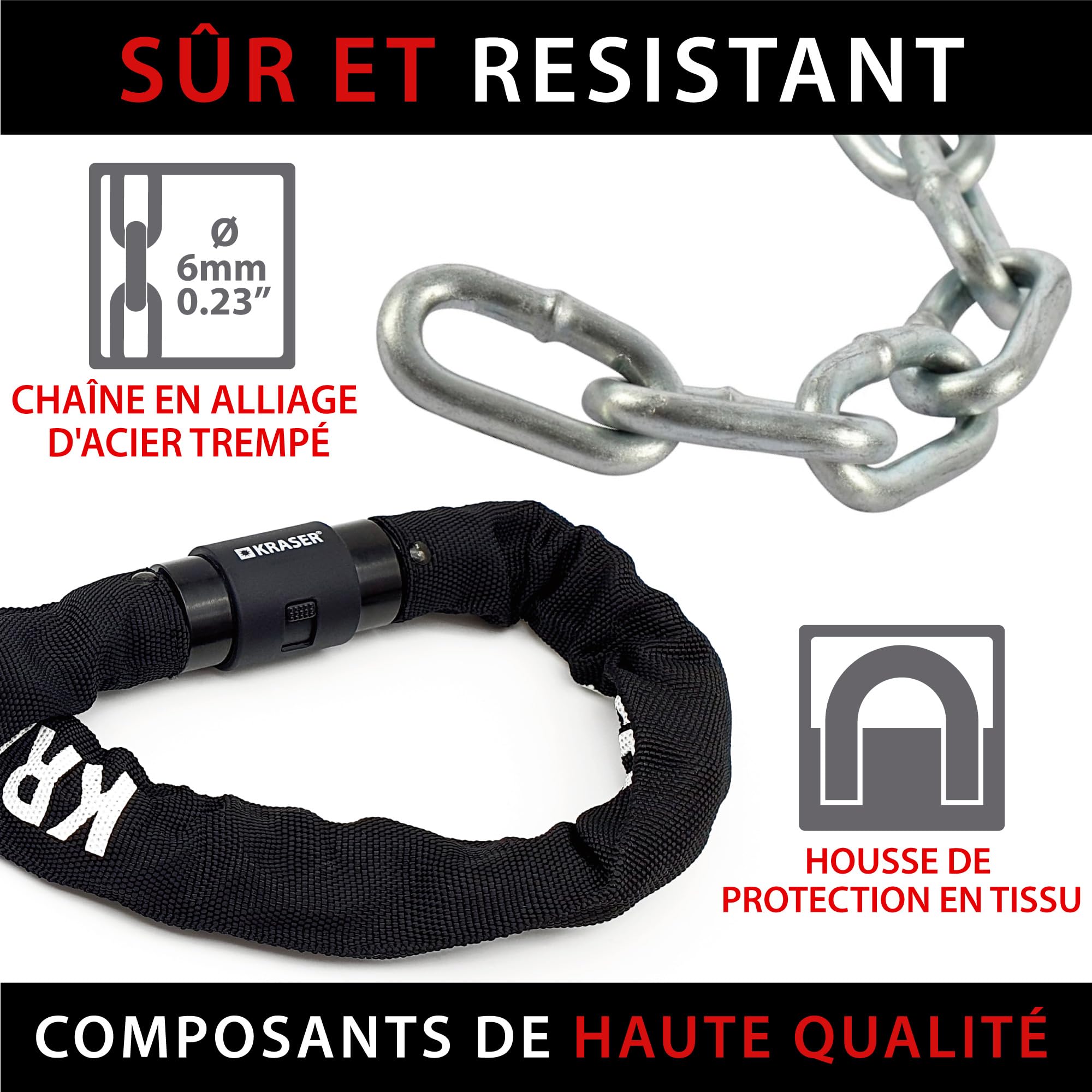 KRASER KR620 Chaine Antivol Velo Maillons en Acier ø6mm, 120cm, Serrure de Sécurité et Capuchon, Chaine Légère, Antivol Moto, Verrouillage Roue, Blocage Universel Scooter, Vélo Électrique, Trottinette