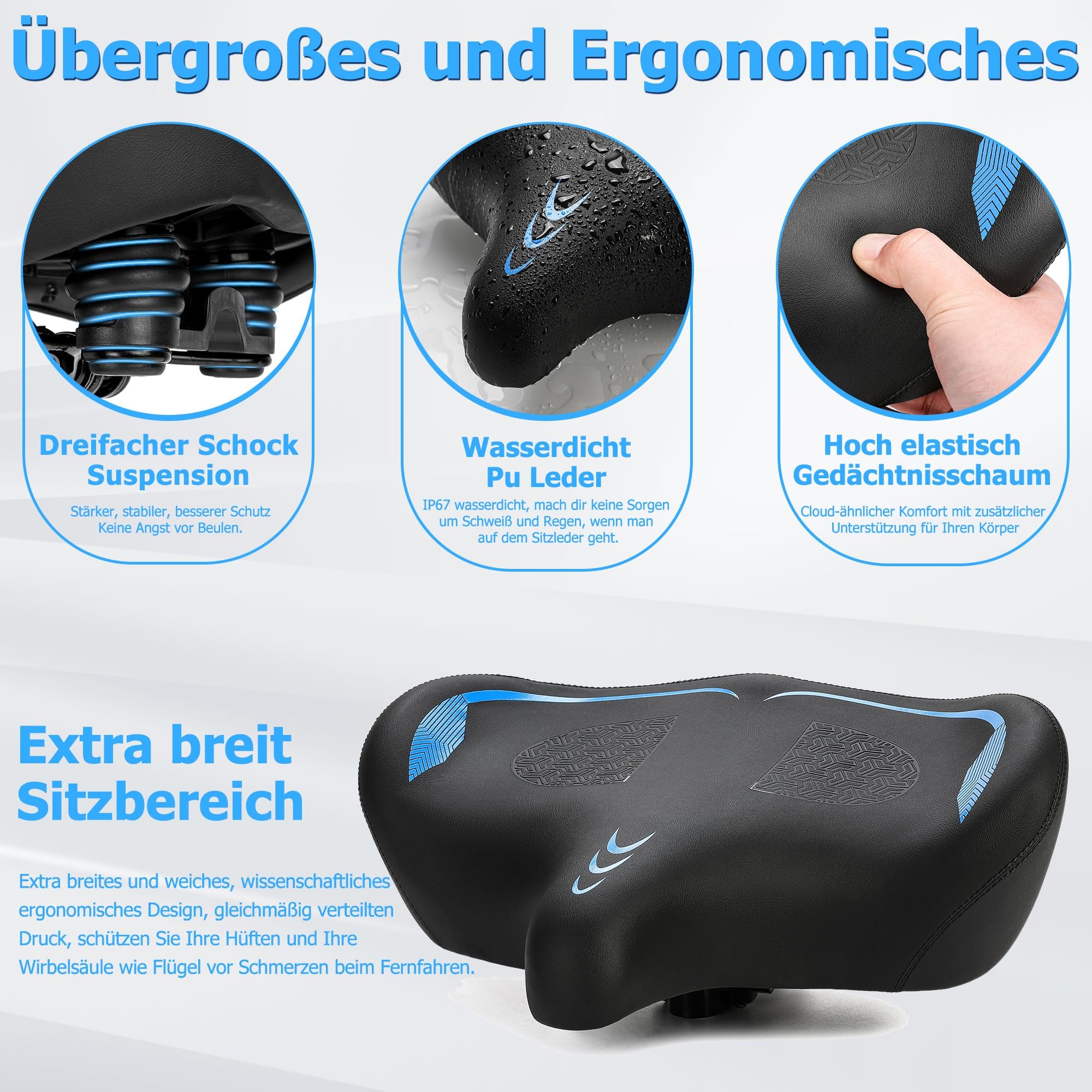 CDYWD Ponadwymiarowe Siodełko Rowerowe Dla Mężczyzn i Kobiet, Grubszy, Wodoodporny, Pianka z Pamięcią Kształtu Podszewka, Skrzydła Ergonomiczne, kompatybilne z Exercise, Electric, Cruiser Bikes