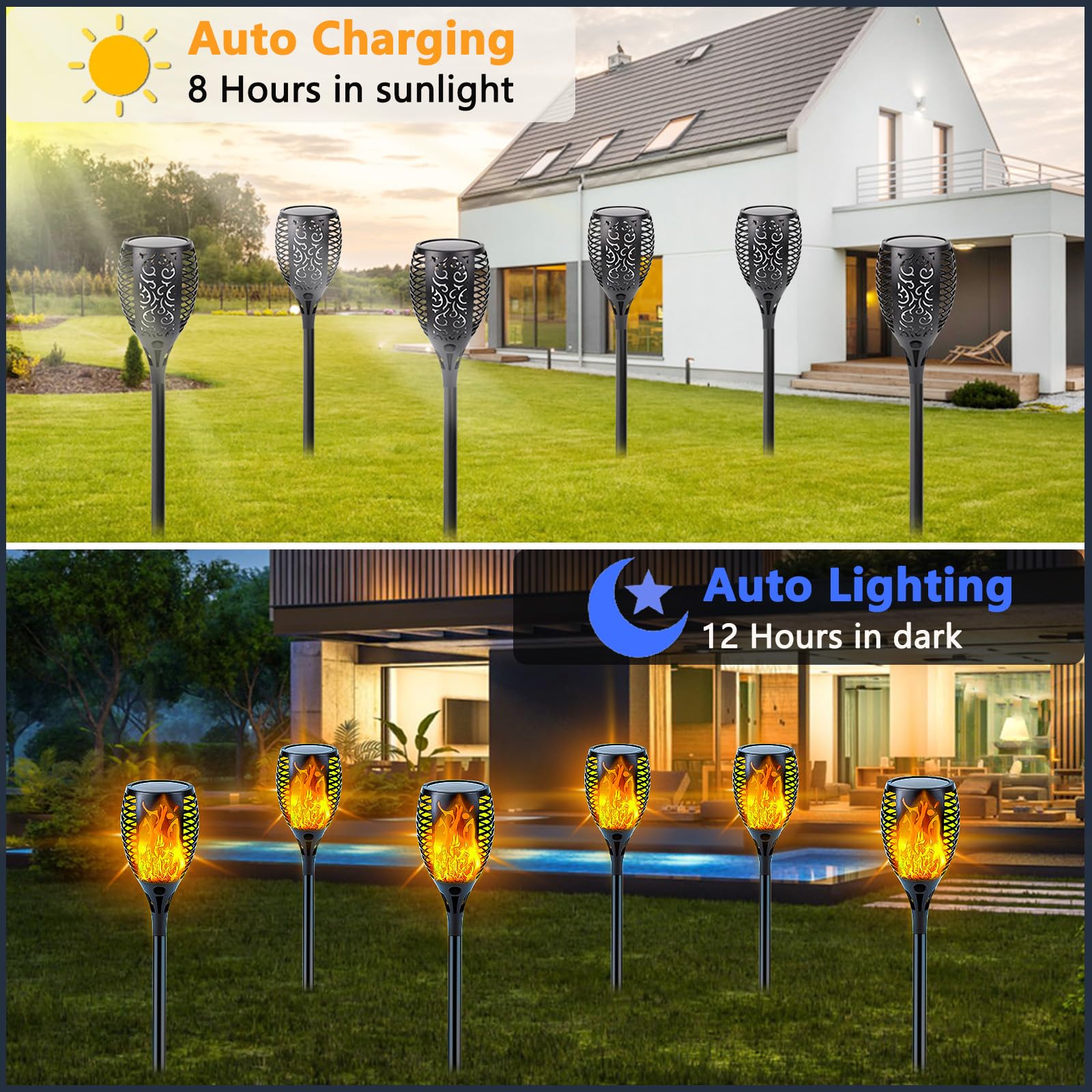 Luces solares más grandes mejoradas para exteriores, paquete de 6 luces solares de llama parpadeante con tamaño súper grande para decoración de jardín, luz solar impermeable para jardín, luces solares 4