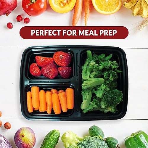 Miniatura 6 de Reli. Recipientes para preparación de comidas, 32 onzas, paquete de 40, contenedor de alimentos de 3 compartimentos con tapas, almacenamiento de