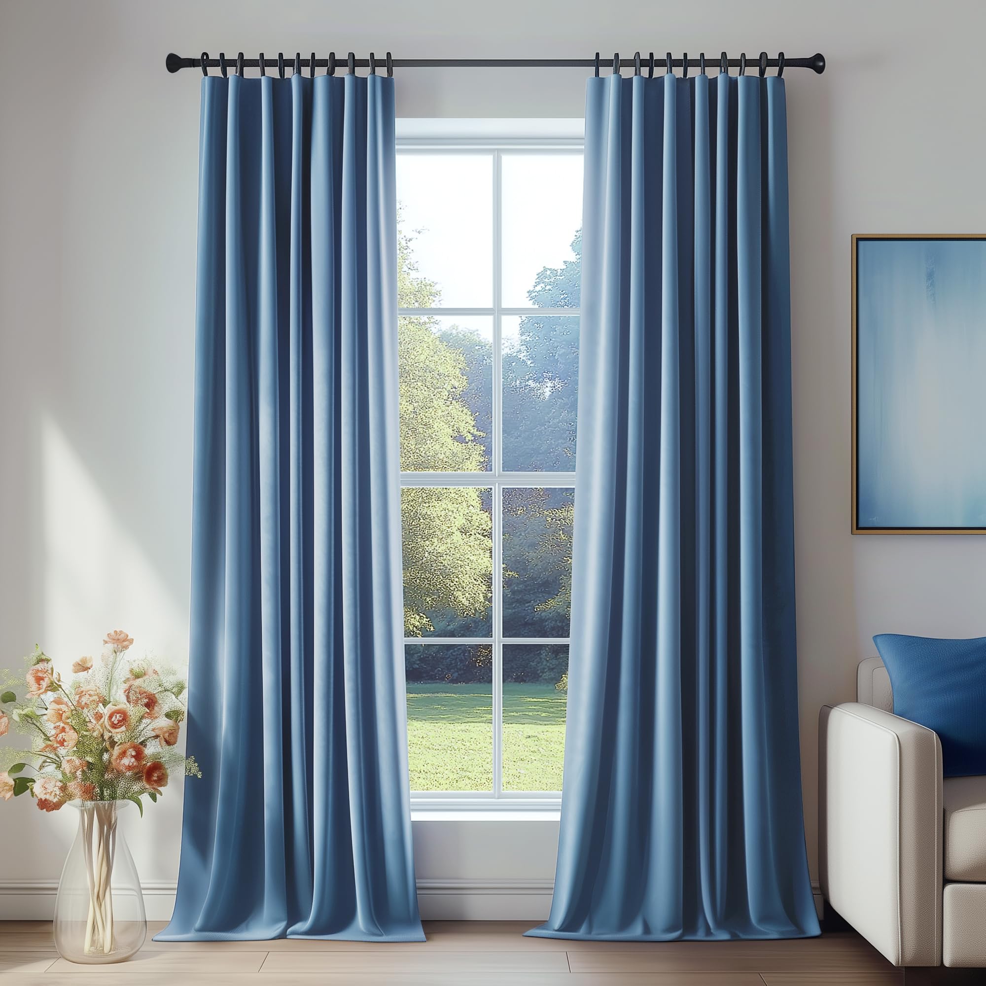 FMFUNCTEX Velvet Blackout Curtains Blue Thermal Insulated Curtains for Bedroom Living Room Darkening Curtains 84 Inches Long Soft Luxury Heavy Rod