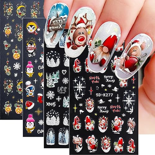4 hojas de calcomanías de uñas de Navidad, calcomanías de arte de uñas de invierno 5D para uñas de gel, lindos pingüinos, ciervos, limoneros,