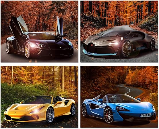 Amazon カーポスター ランボルギーニ フェラーリ マクラレン ブガッティ スポーツカー壁アート スーパーカー装飾4枚セット フレームなし 10x8インチ エキゾチックなスーパーカー写真 秋テーマ インテリア オンライン通販