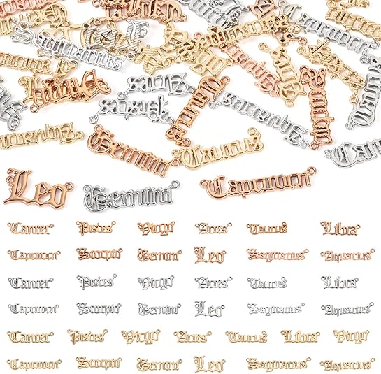 Pandahall 36Pcs Zodiac Word Message Links Charms Twelve Constellation Alphabet Pendant Connector Virgo Scorpio Libra for DIY Horoscope Sign Couple Necklace Bracelet (Hole: 1mm)