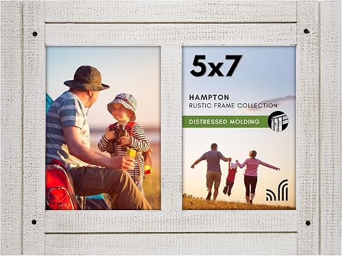 Americanflat 5x7 Double Picture Frame in Aspen White - Distressed Wood Decorative Picture Frames with Easel and Polished Glass for Family Photos and Wall Collage - for Wall and Tabletop