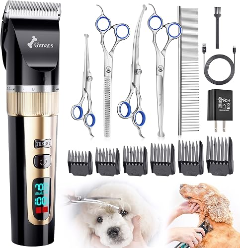 Gimars 6-in-1 Tosatrice Silenziosa per Cani Professionale, Rasoio per Cani 7000 RPM, Kit Toelettatura Animale Domestico Senza Fili, Tosatore Elettrica per Gatti Pelo Lungo Ricaricabile USB, Oro - 1