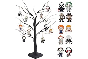 Black Halloween Tree with LED Lights and Spooky Wooden Hanging Ornaments Horror...