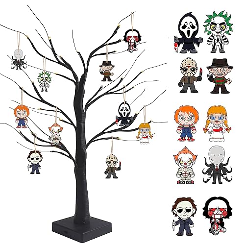 Black Halloween Tree with LED Lights and Spooky Wooden Hanging
