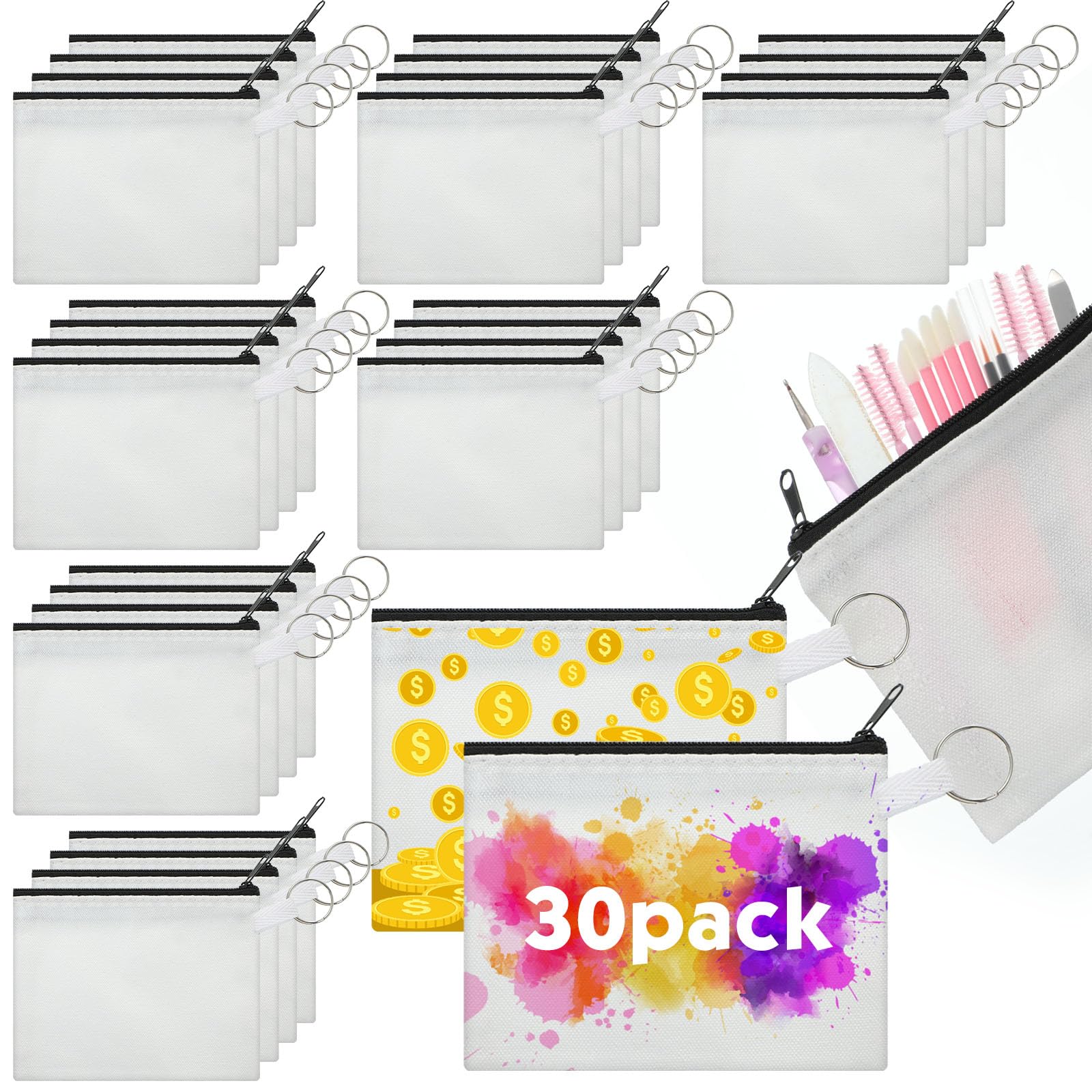 Frienda 30 Pieces Sublimation Blank Small Coin Canvas Makeup Bags Bulk Cosmetic DIY Craft Pouch with Zipper Coin Purse Pencil Pouch Travel Toiletry