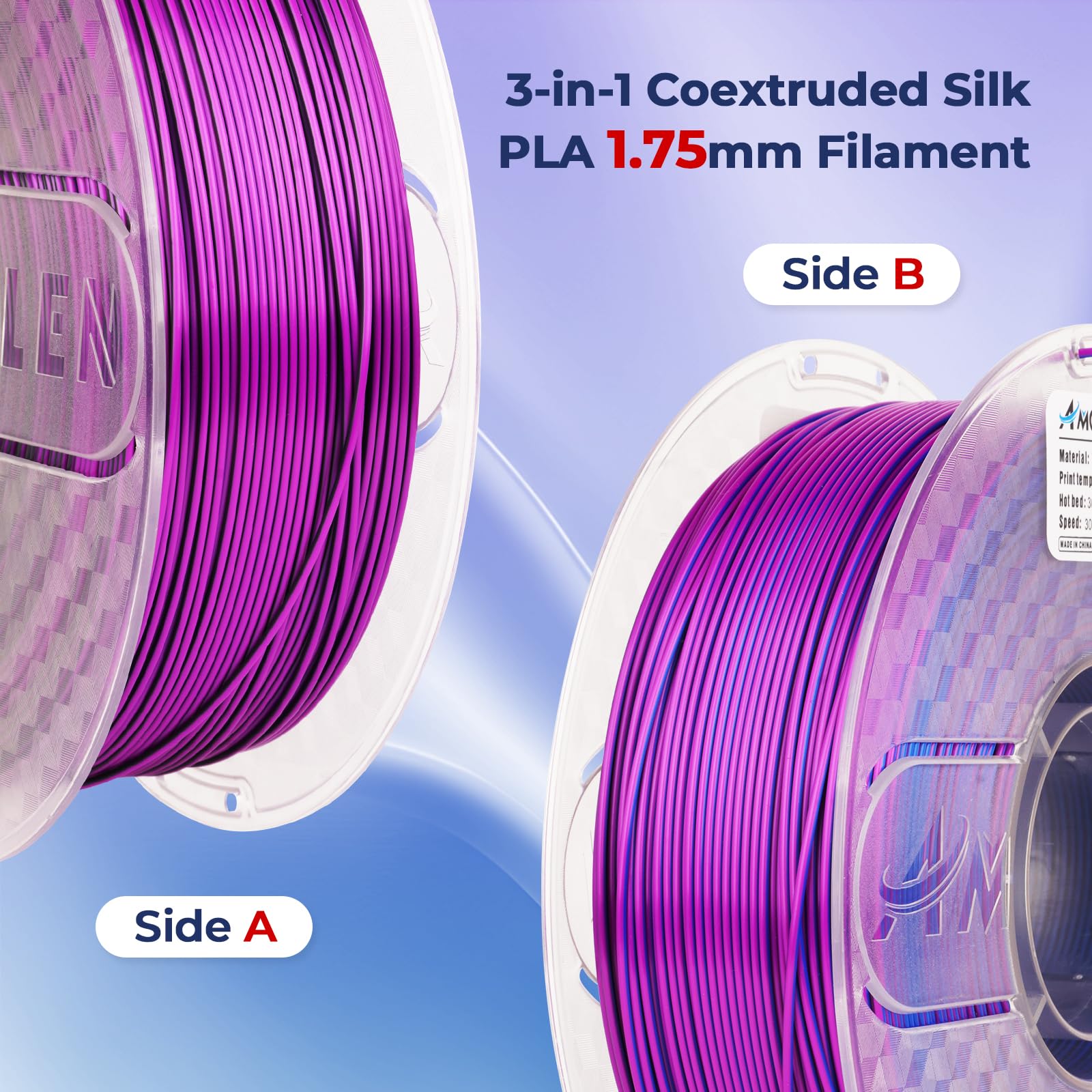 AMOLEN Filamento de impresora 3D, filamento PLA de seda de viaje de 1,75 mm, filamento de coextrusión de impresión 3D negro, azul y morado, 1 kg