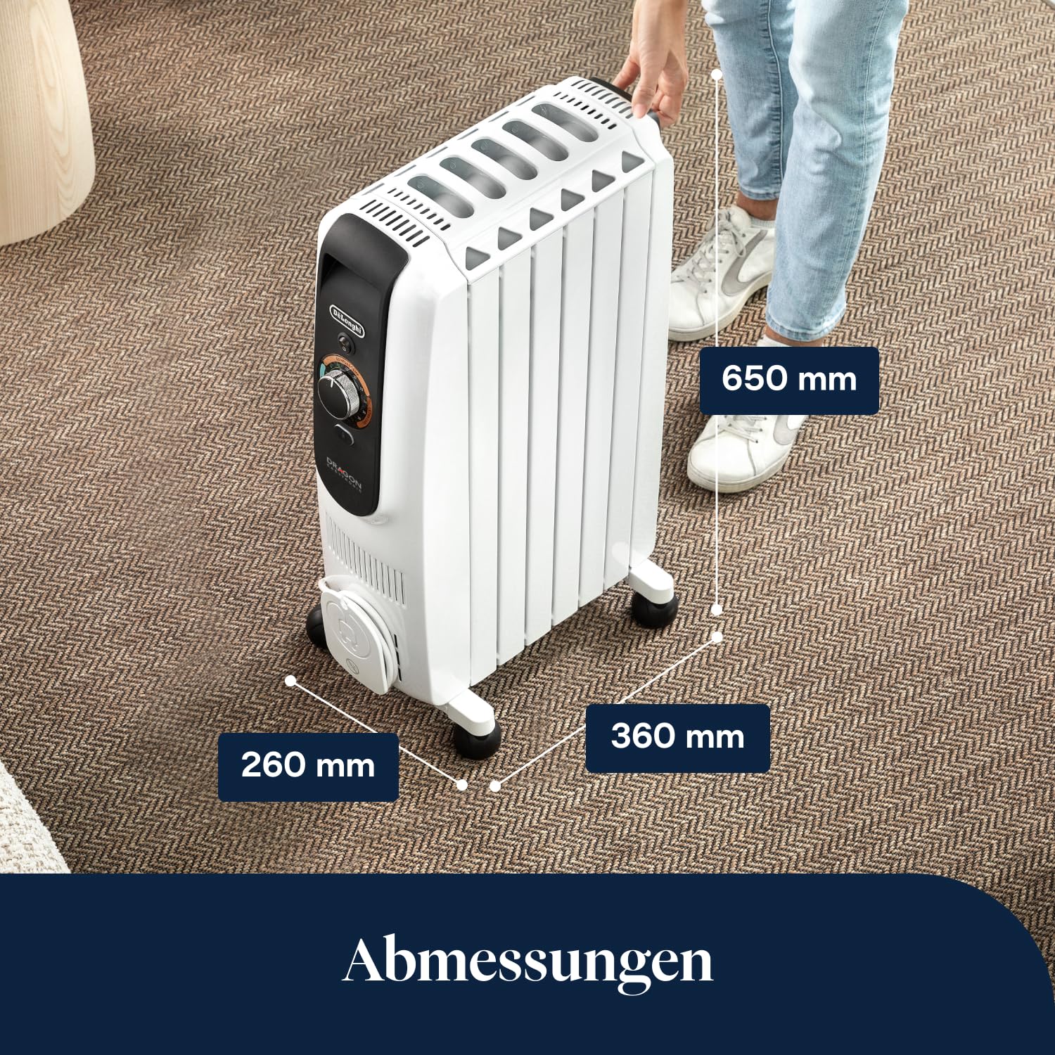 De'Longhi Dragon EasyTronic – Ölheizer für Räume bis 45m³, Elektroheizung mit Sicherheitsthermostat, 6 Rippen, Individuelle Heizung – 12 Temperaturstufen, Tragbar, 1500W, Weiß (TRD50615)