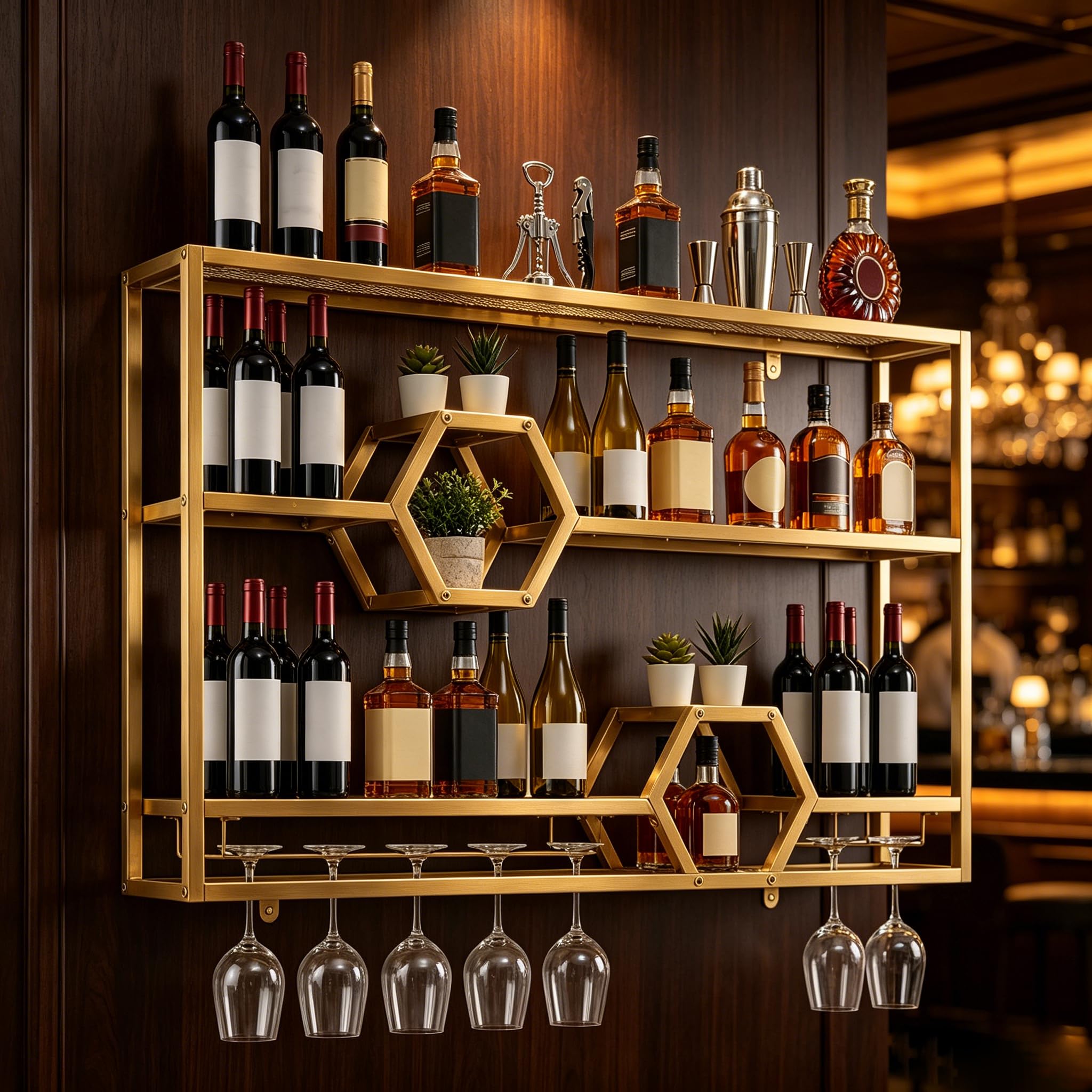 COSTWAY Wall Mounted Wine Rack, 3-Tier Hanging Bar Shelves with Glass Holder, Metal Liquor Bottle Display Storage Shelf for Home Bar, Dining Room and Restaurant (Golden, 120 x 20 x 77cm)