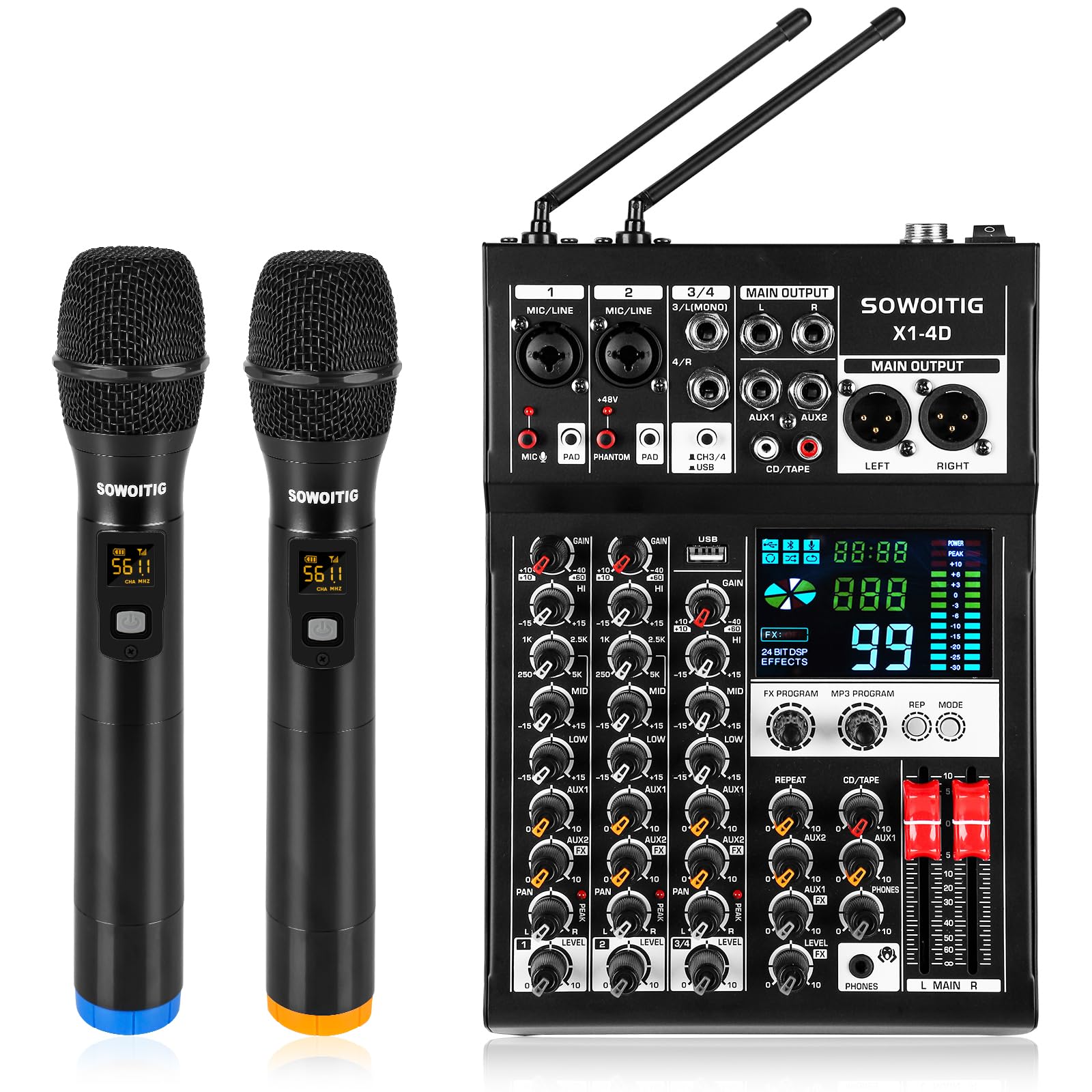 Mixer audio a 4 canali con 2 microfoni senza fili, console professionale DJ con 99 DSP MP3 Bluetooth 48 V alimentazione phantom PAD e interfaccia USB per registrazione, karaoke domestico e streaming