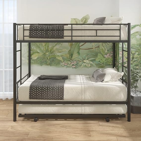 Metal Bunk Bed with Trundle,Twin Over Twin Bunk Bed Frame with Ladder and Safety Rails for Triple Metal Bunk Can be Divided into Two beds (Black)