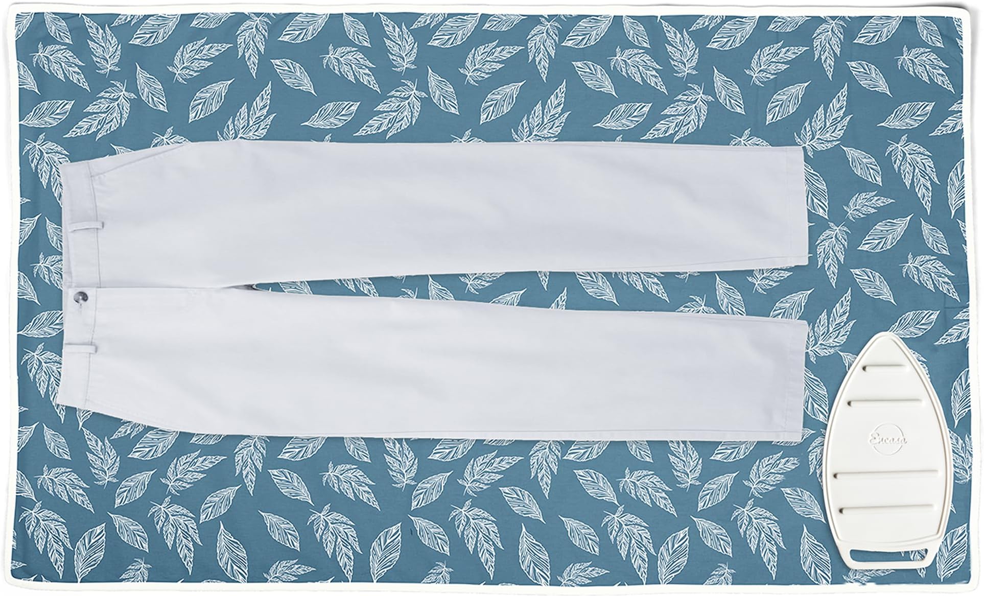 Encasa XO Ironing Mat/Pad (Large 48" x 28") with 3mm Pad & Silicone Ironing Rest for Tabletop or Bed Steam Press - Heat Resistant Portable Quilted Travel Blanket - Big Leaf Blue