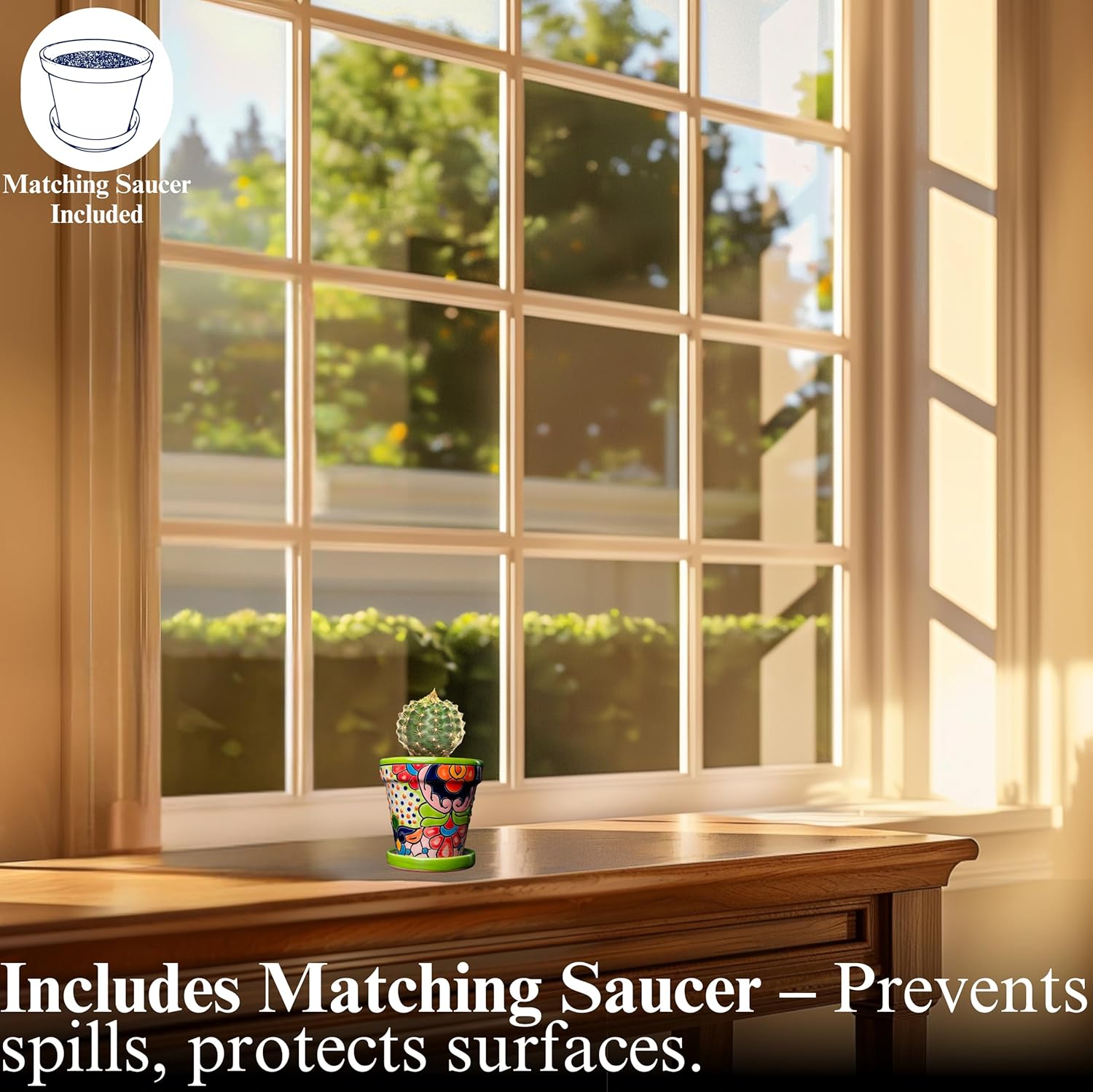 Mexican Pottery Planters - Talavera Planter - Succulent Pots - Ceramic Pots for Plants Indoor & Outdoor with Drainage Hole and Saucer - 4'' W x 4" H (Green-Small)