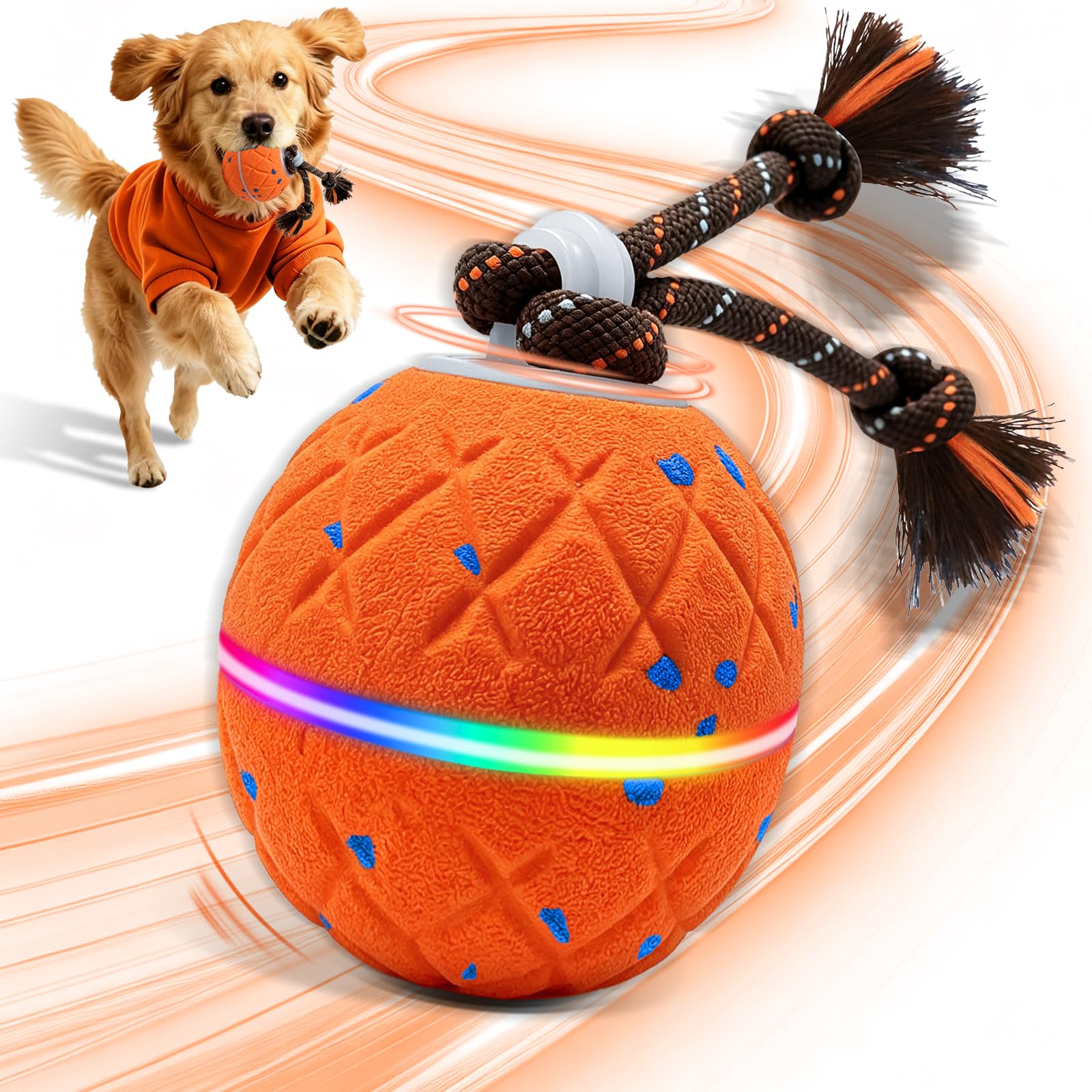 Pelota Interactiva para Perros - Wicked Ball Rolly con Cuerda y Ladridos, Juguete Interactivo Inteligente para Perros con 2 Modos de Juego, E-TPU, USB-C Recargable, Luces RGB, Adecuado para Perros