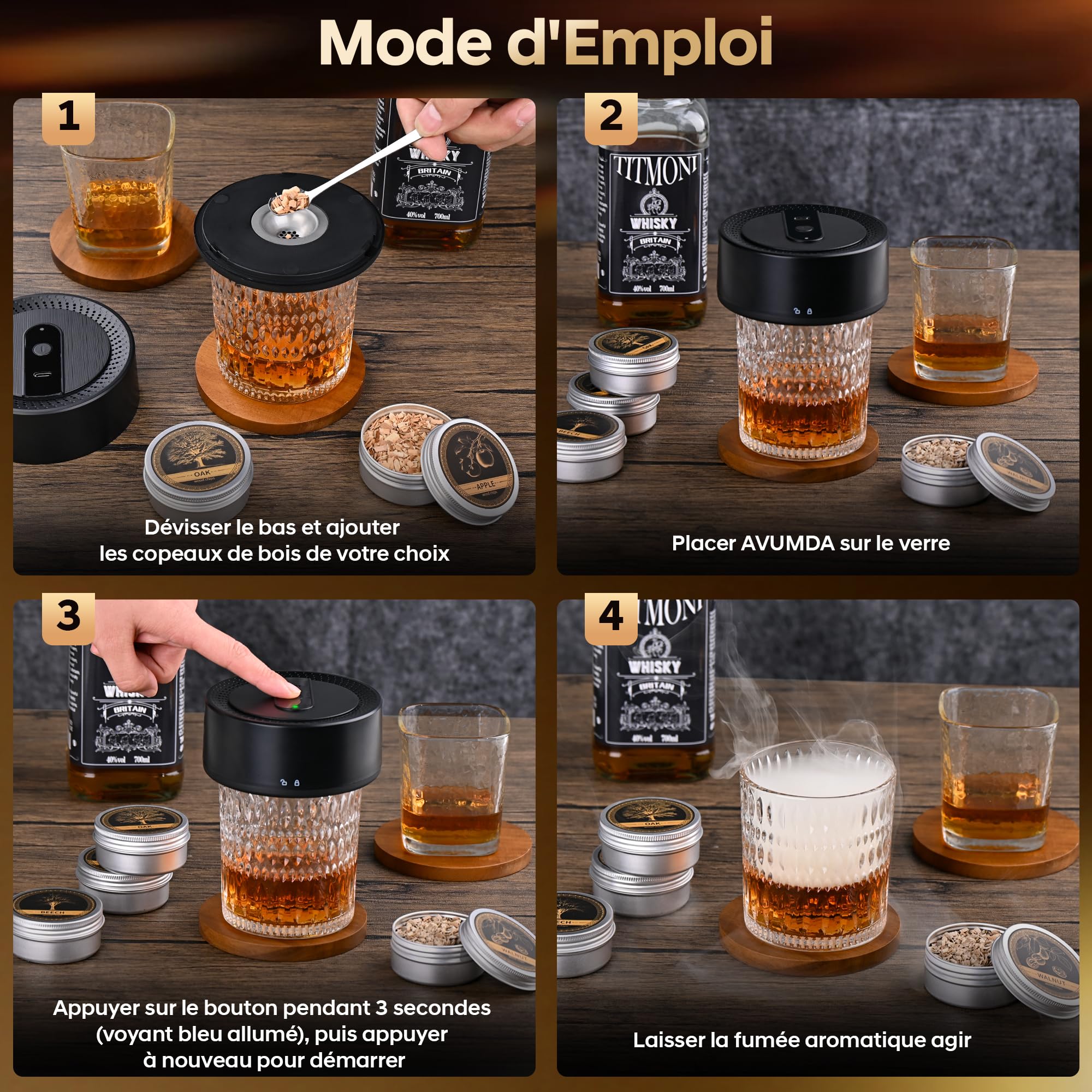 Kit Fumoir à Cocktail Électrique, Fumoir à Whisky à l'ancienne avec 8 Copeaux de Bois, Rechargeable USB-C sans Flamme pour Boissons, Bourbon, Cocktails, Vin, Café, Fromage, Cadeau Homme