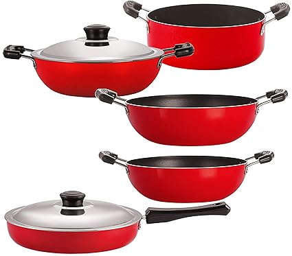 Nirlon Non-Stick 5 Piece Rust Free Gas Compatible Cookware Essential Set with Steel Lid