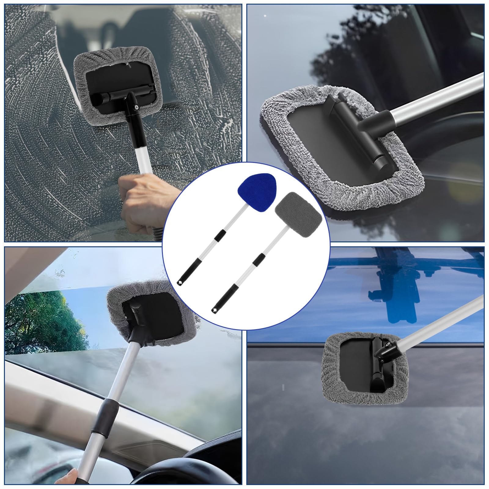 US Windshield Cleaner 1 Triangle Head and 1 Square Head Car Window Cleaner with 8 Reusable and Washable Microfiber Pads 2 Spray Bottles Extendable Handle Car Windshield Cleaning Tool for Car Use(Set)