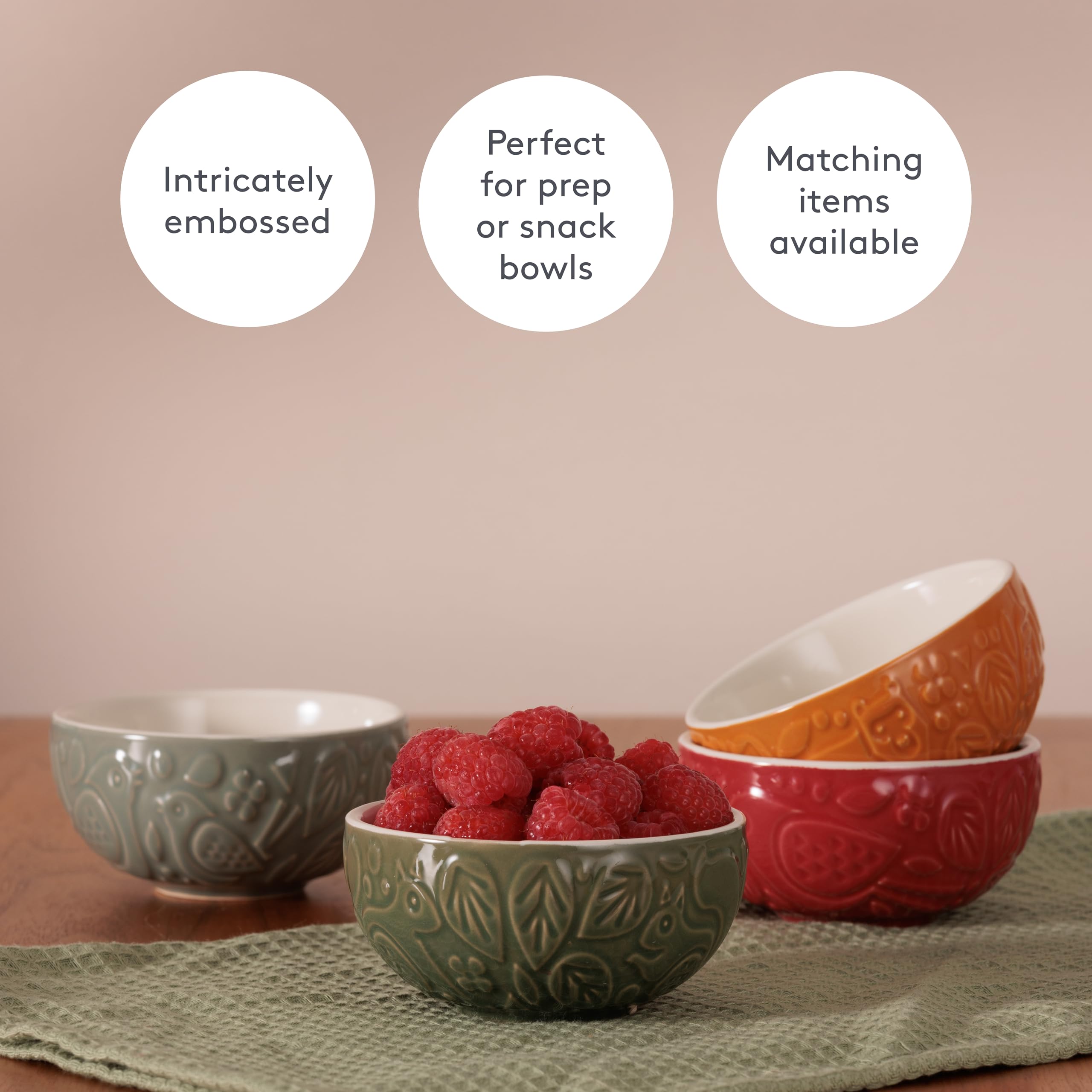 Mason Cash in The Forest - Set di 4 ciotole in gres porcellanato, design in rilievo Woodland in grigio, rosso, verde e ocra, capacità 175 ml, ideali per pizzicare pentole, salse e dessert
