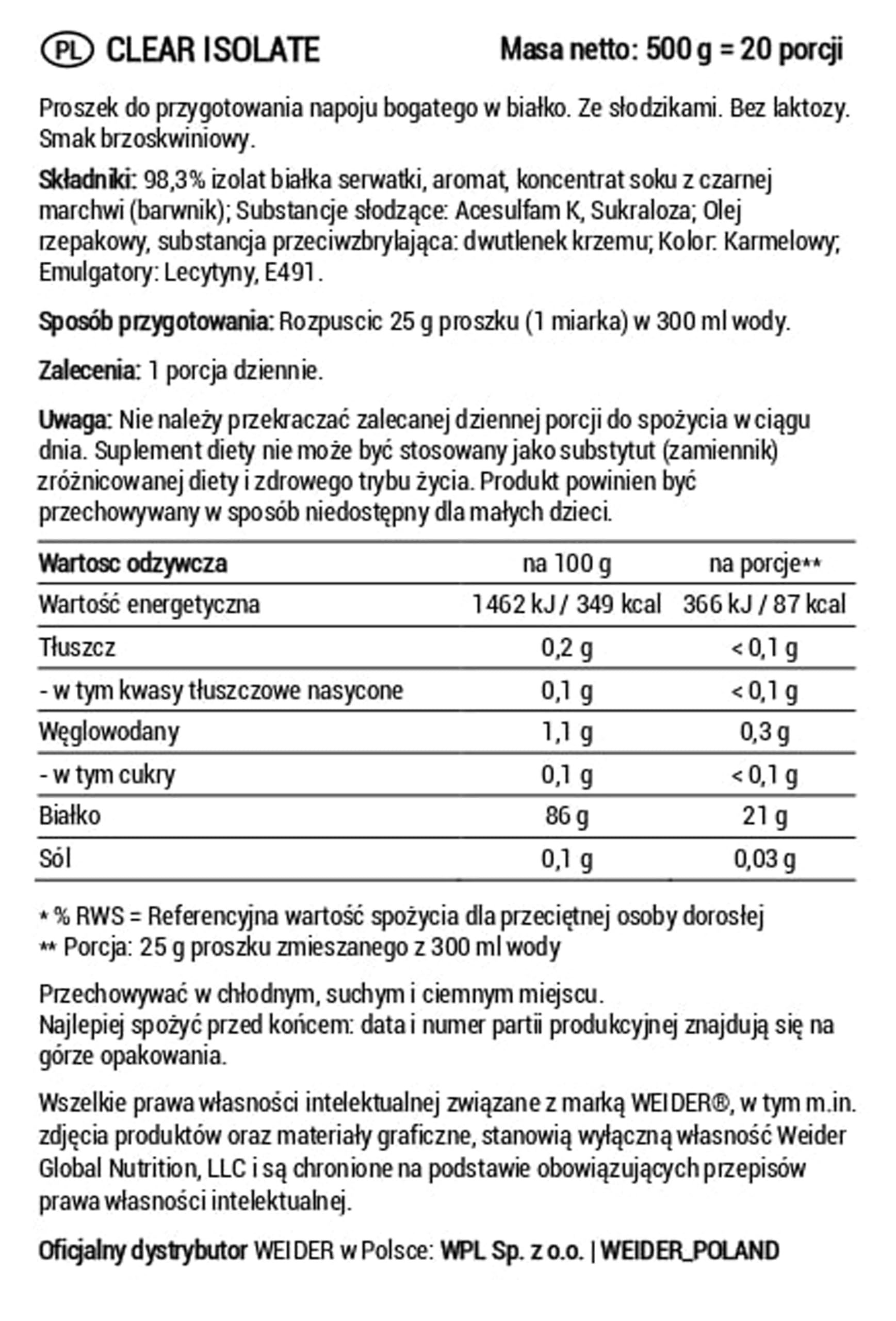 WEIDER Clear Whey izolat, owocowy izolat białka serwatkowego o wysokiej zawartości białka do orzeźwiających koktajli białkowych, pierwszorzędny proszek białkowy w jakości premium, bez cukru, Peach Ice