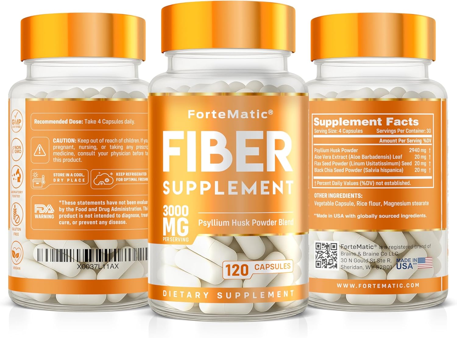 Fiber Supplement Capsules – Psyllium Husk 3000mg for Digestive Health & Gut Health | Fiber Capsules for Constipation | Aloe Vera, Chia Seed & Flaxseed | 120 Count