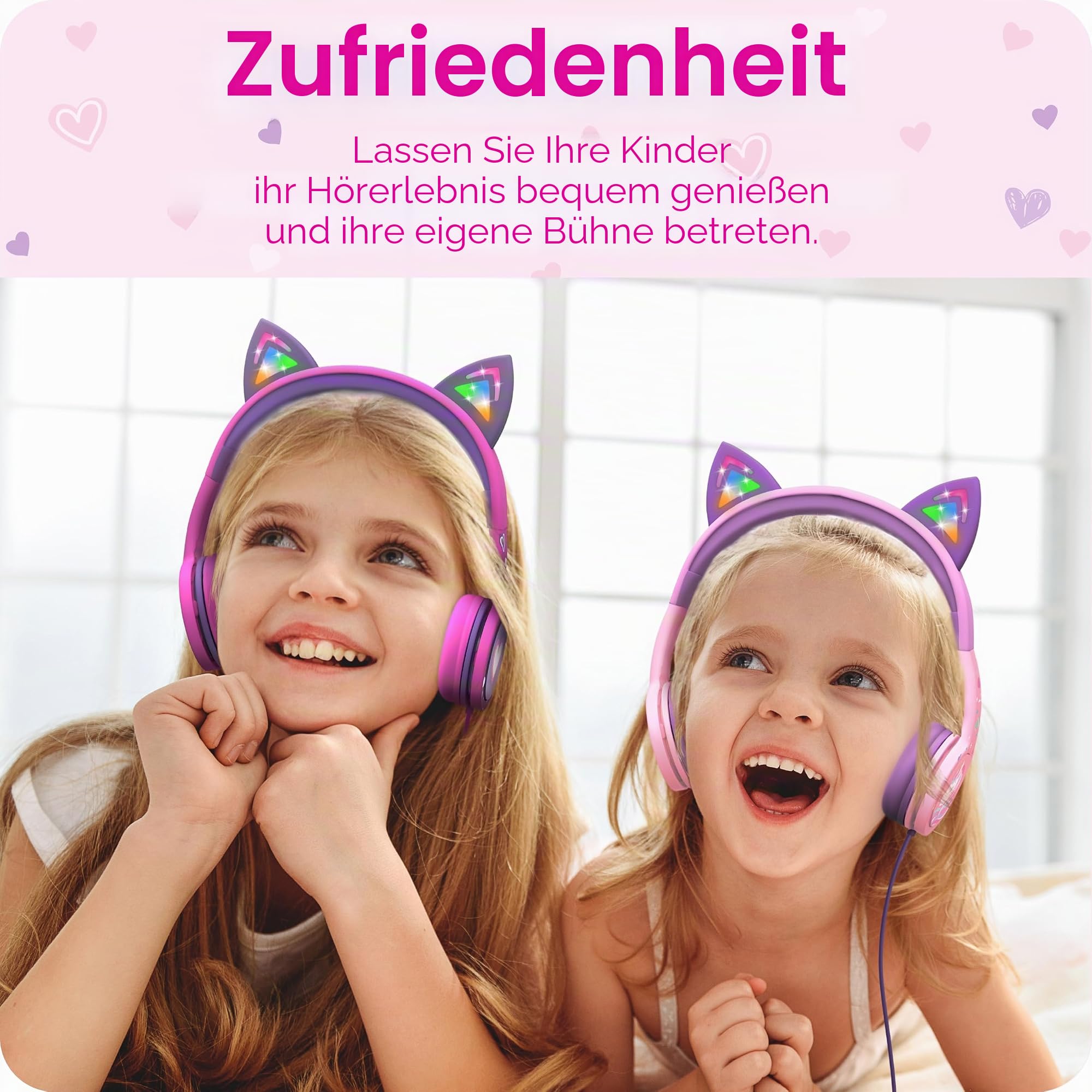 FosPower Bedrade 3.5mm Kinderkopfhörer mit LED Katzenohren - Babyblau | Kompatibel mit iPad und Tablet. On-Ear Kopfhörer mit Trasselfri Kabel und 85dB Volymbegränsning für Schule, Rosa Lavendel