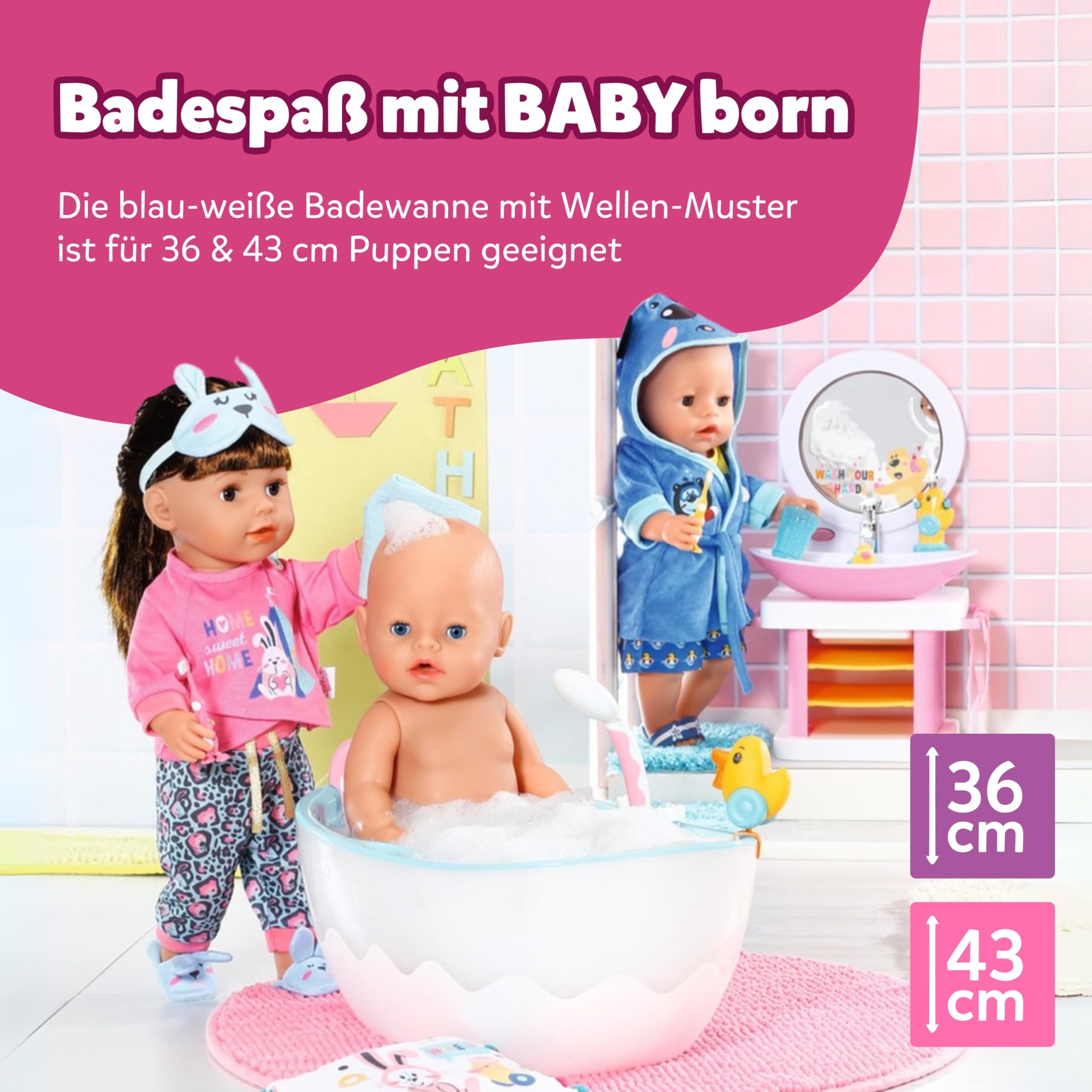 BABY born Badewanne mit Farbwechsel - Dusch-& Soundfunktion - Hochwertiges Zubehör für Puppen der Größe 36 & 43 cm - Funktioniert auch mit echtem Wasser
