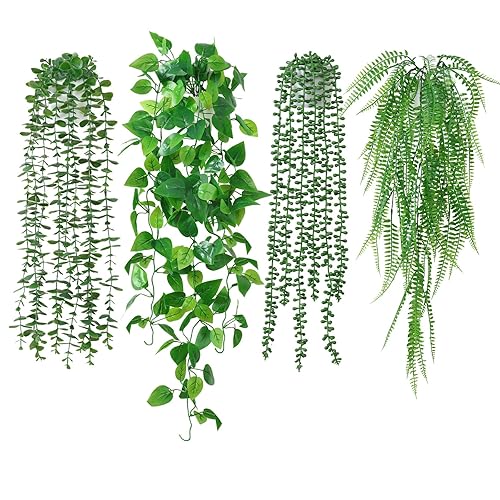 Dremisland 3Pcs Artificial Hanging Plants-Artificial Hanging Plants Potted Greenery Decor-Eucalyptus Mandala Snow Pea Vine in Pot Plants for Office Farmhouse Home Indoor Outdoor Decor (4Pack-F) - 4pack-f