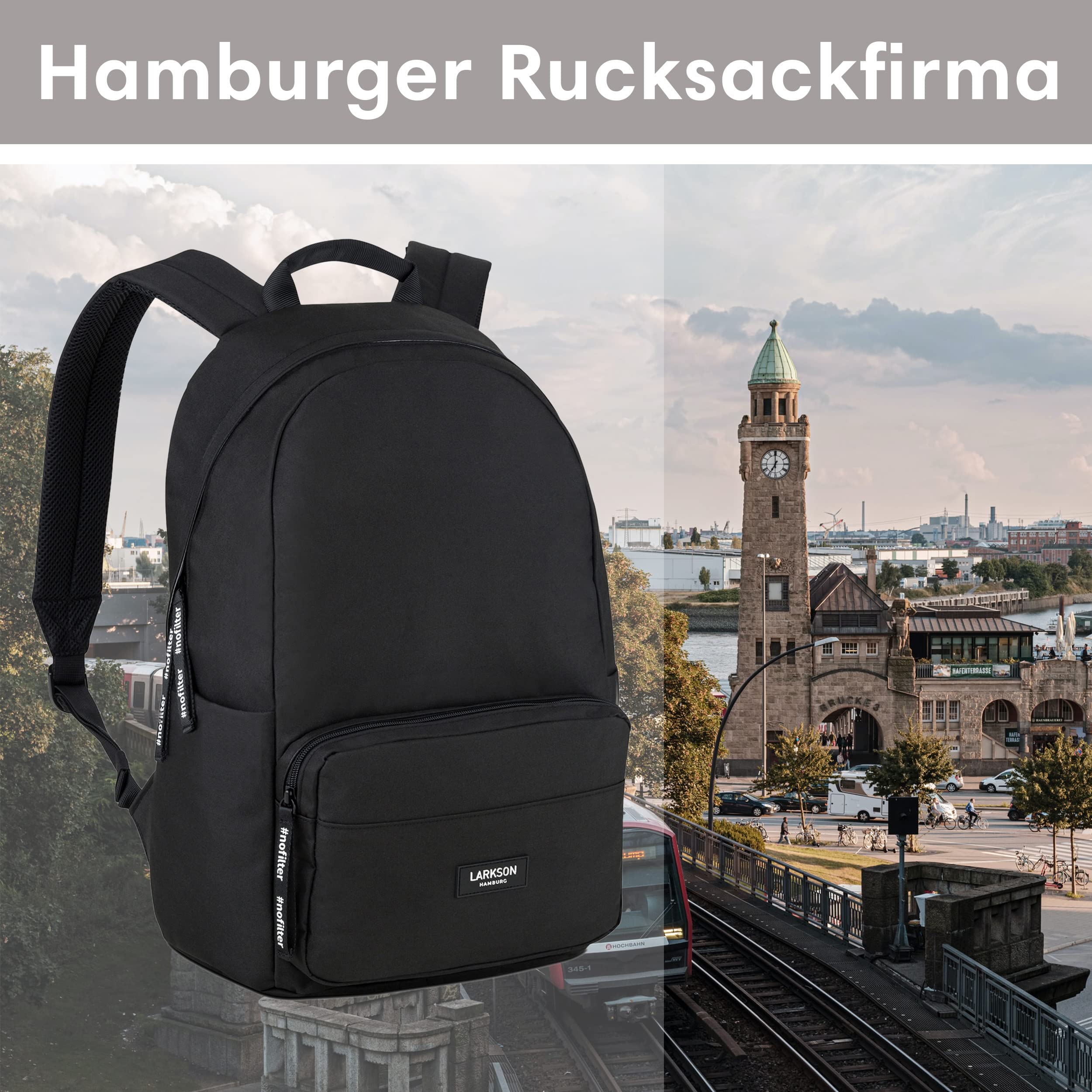 LARKSON Schulrucksack Mädchen Jungen Teenager Schwarz 16" Laptopfach Polyester Wasserabweisend
