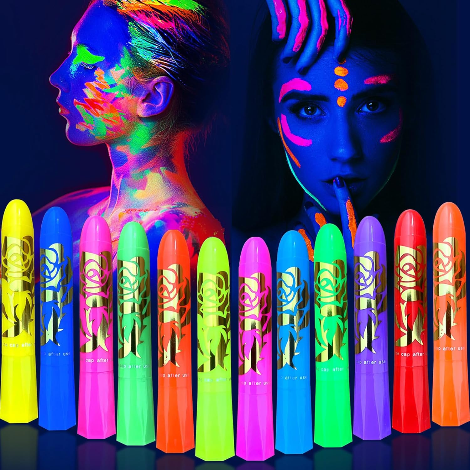 12 Pcs Glow in the Dark Face Body Painting, Glow Blacklight Face & Body Paint Makeup, Mardi Gras Halloween UV Crayon Kit Black Light Birthday Party Camouflage Party Supplies (12 color)