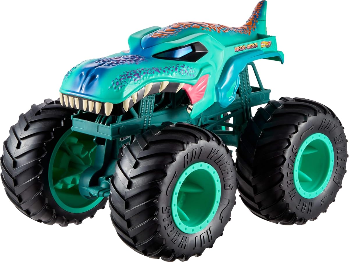 Camión de juguete Hot Wheels Monster Trucks, colosal personaje favorito de los fanáticos de Mega-Wrex con ruedas grandes y detalles brillantes, Monster Trucks Live