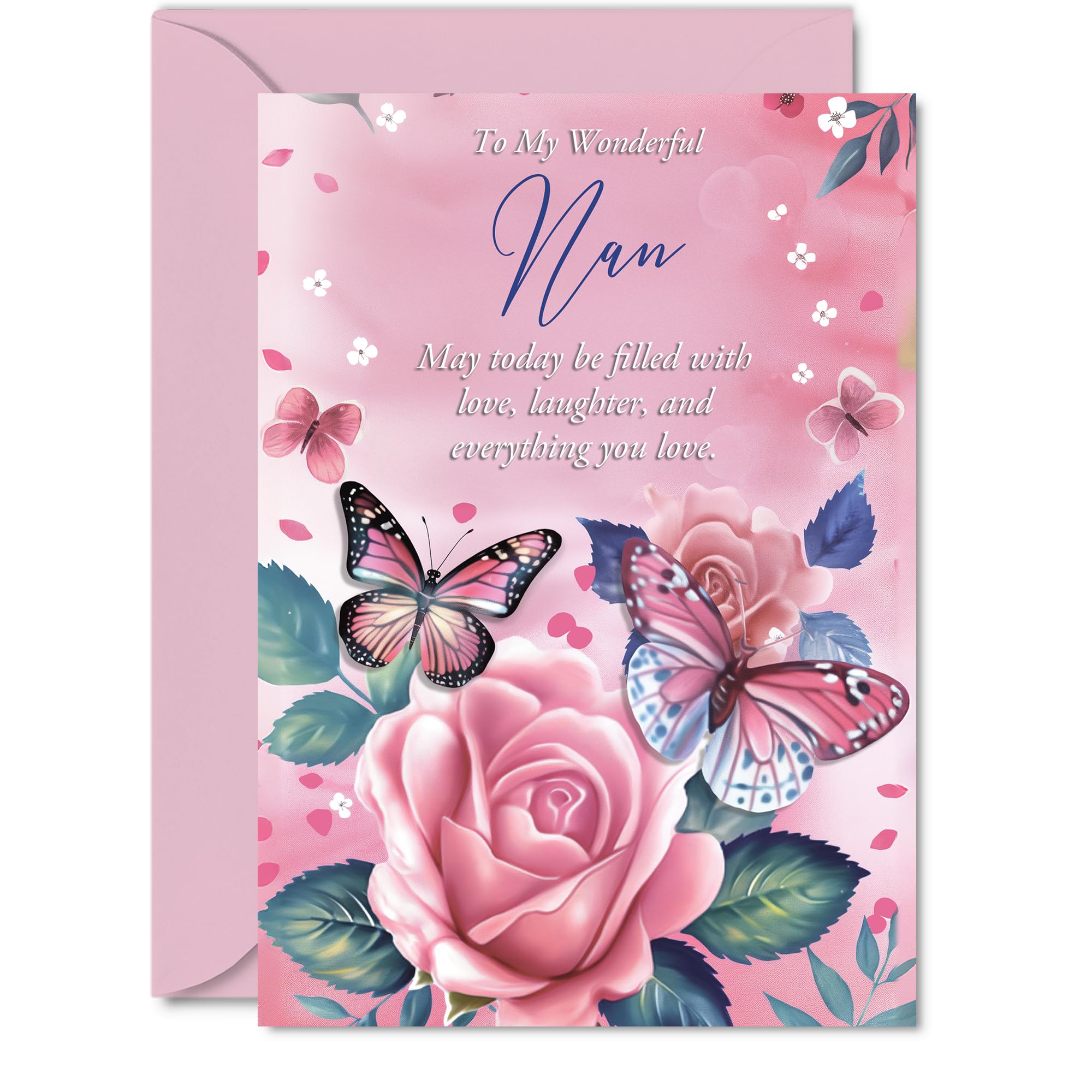 Nan Birthday Card, Pink Rose Butterfly