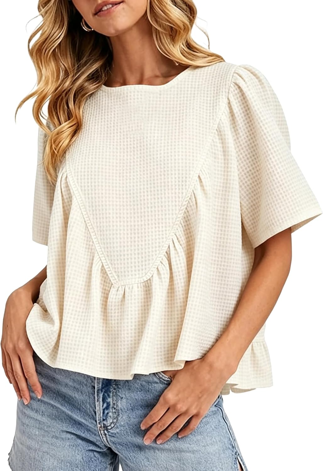 Women's Peplum Babydoll Top Waffle Knit Shirt Casual Short Sleeve Back Button Loose Flowy Blouse