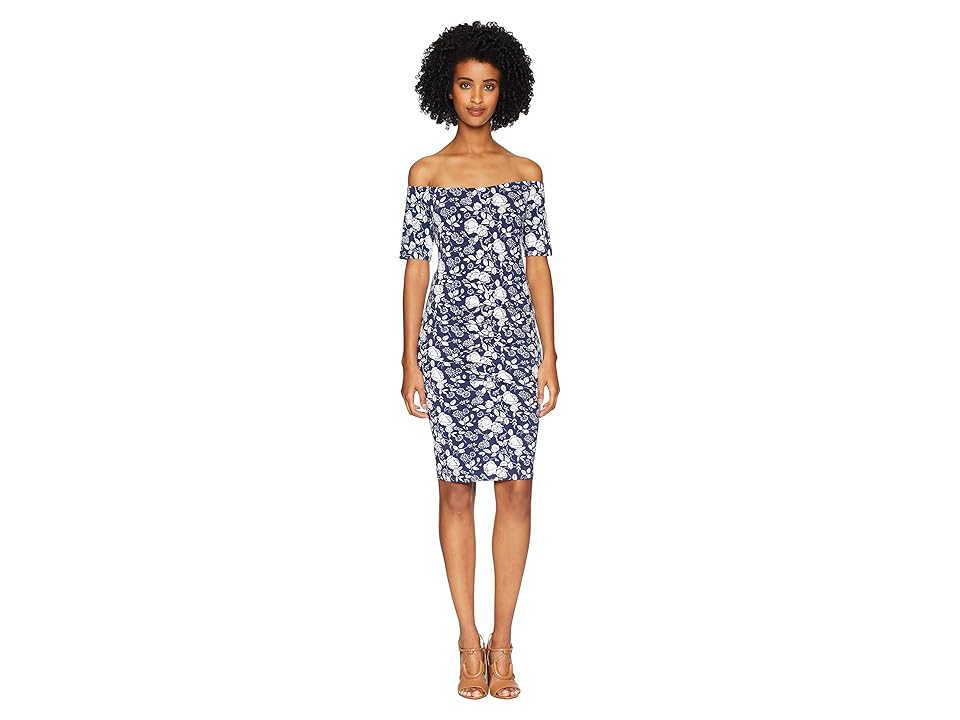 

Nicole Miller Off Shoulder Dress (Blue/White) Women's Dress