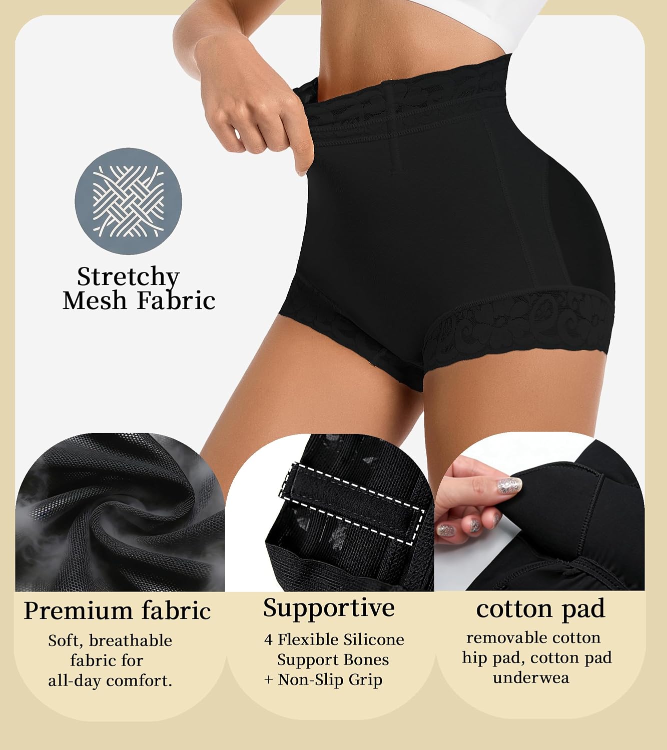 Butt Lifting Shapewear Shorts for Women with Hip Pads, High Waisted Body Shaper Panties Tummy Control