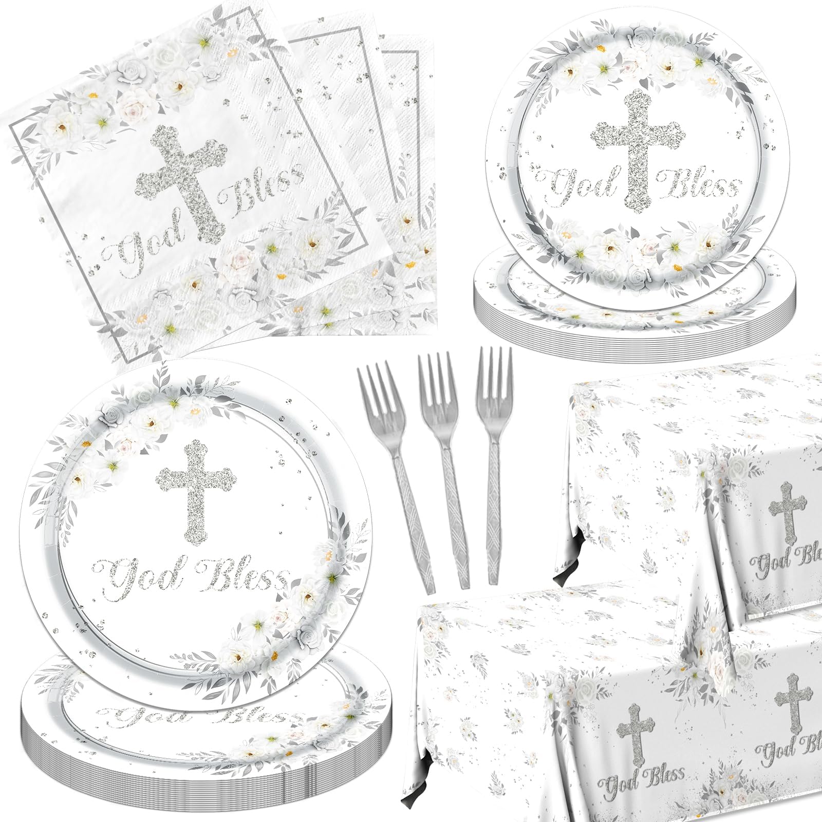 God Bless Plates and Napkins Tableware,142pcs Sliver Baptism Plates and Napkins Tablecloth Set,First Communion Decorations Dinnerware for Newborn Religious First Holy Communion Decorations